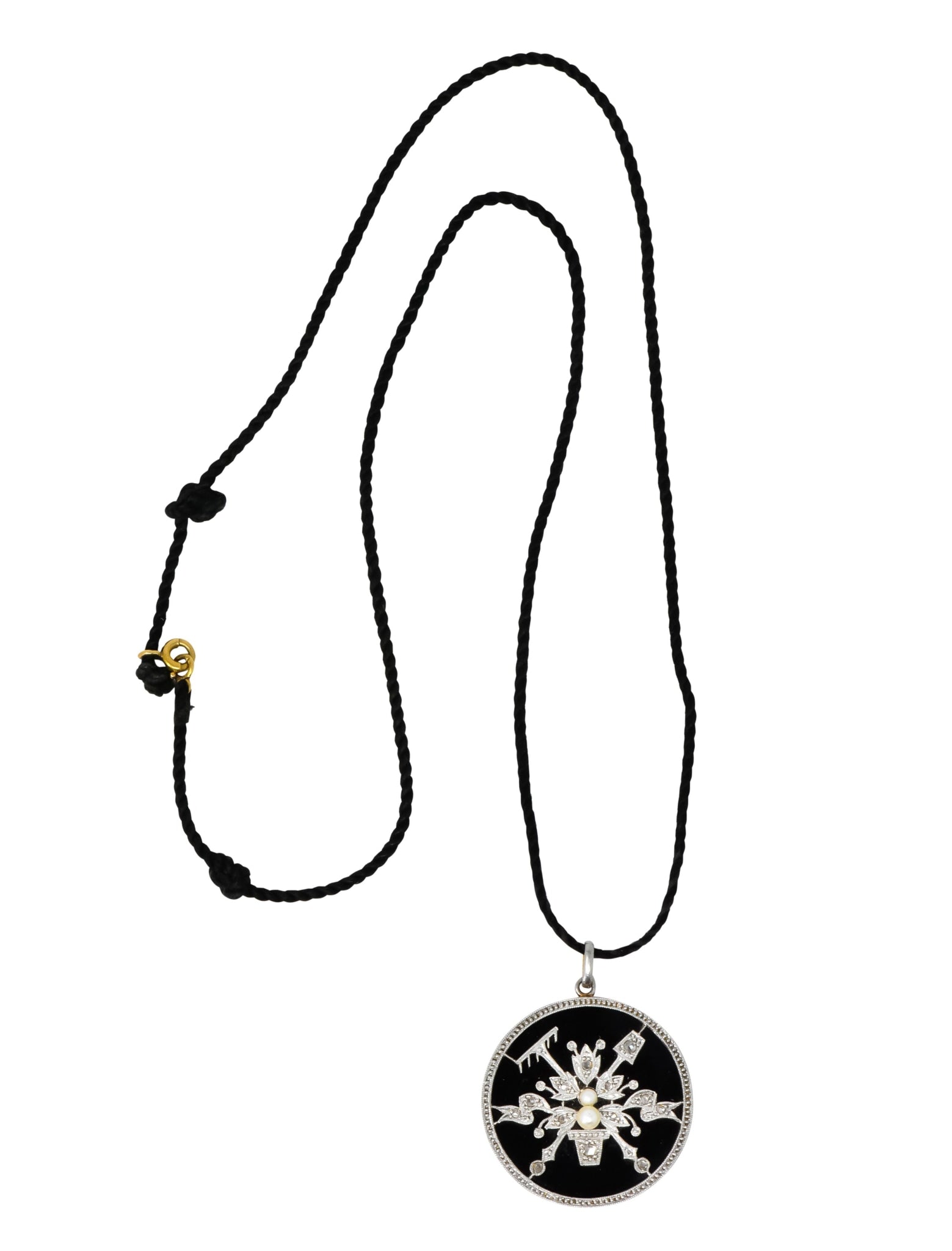 Belle Époque Diamond Onyx Platinum-Topped 18 Karat Gold French Flower Garden Pendant Necklace - Wilson's Estate Jewelry