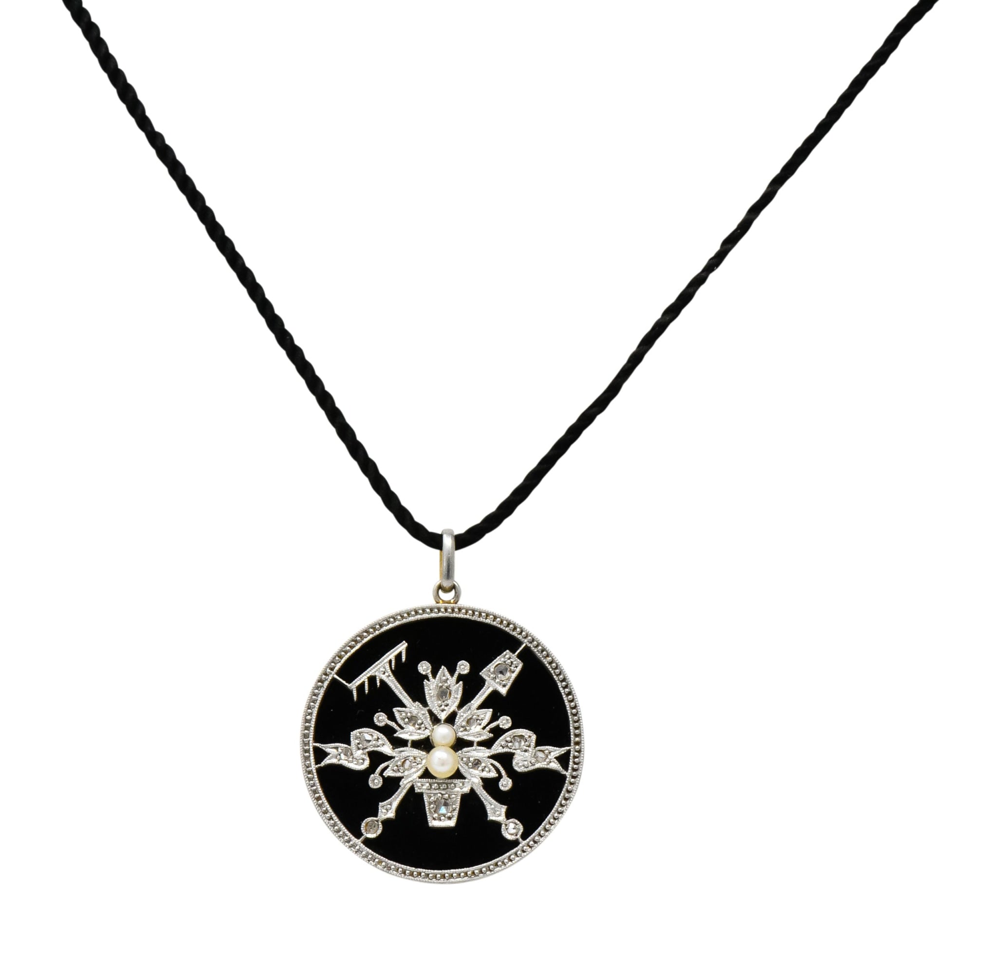 Belle Époque Diamond Onyx Platinum-Topped 18 Karat Gold French Flower Garden Pendant Necklace - Wilson's Estate Jewelry