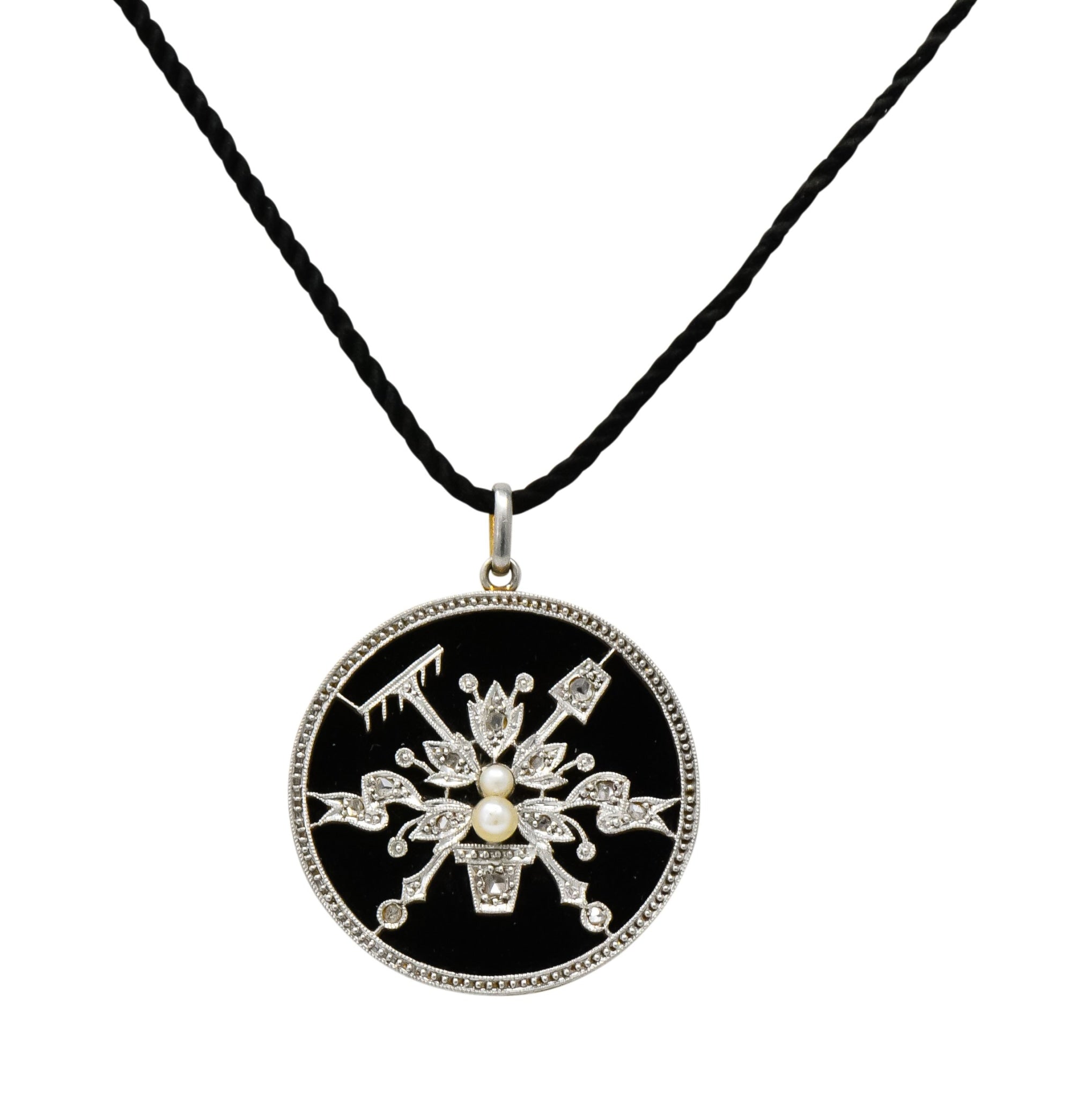 Belle Époque Diamond Onyx Platinum-Topped 18 Karat Gold French Flower Garden Pendant Necklace - Wilson's Estate Jewelry