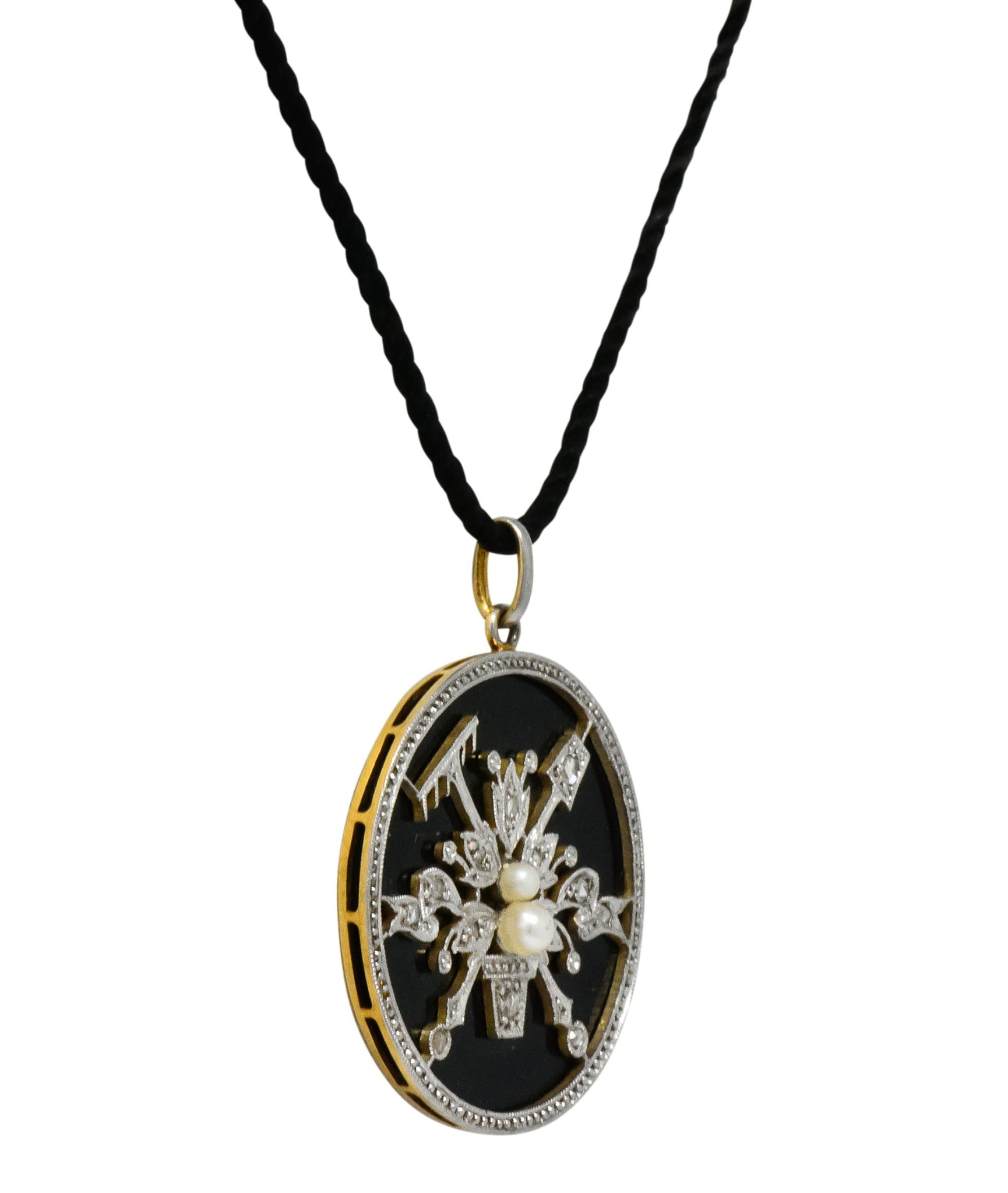 Belle Époque Diamond Onyx Platinum-Topped 18 Karat Gold French Flower Garden Pendant Necklace - Wilson's Estate Jewelry