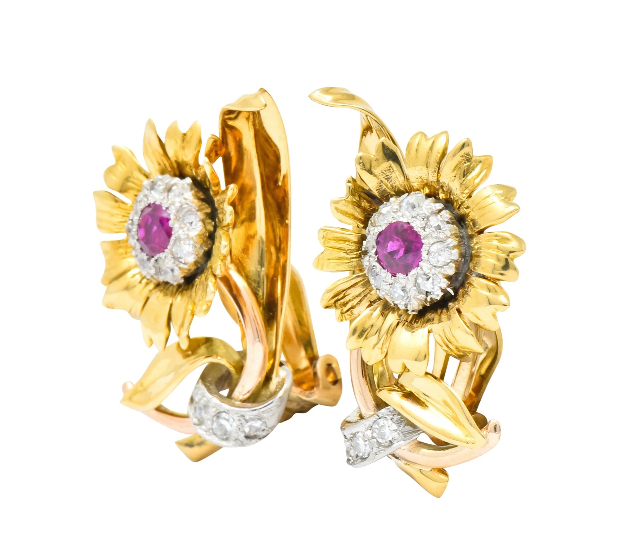 Bernard Weber Retro 1.13 CTW Ruby Diamond Platinum-Topped Flower Ear-Clip Earrings - Wilson's Estate Jewelry