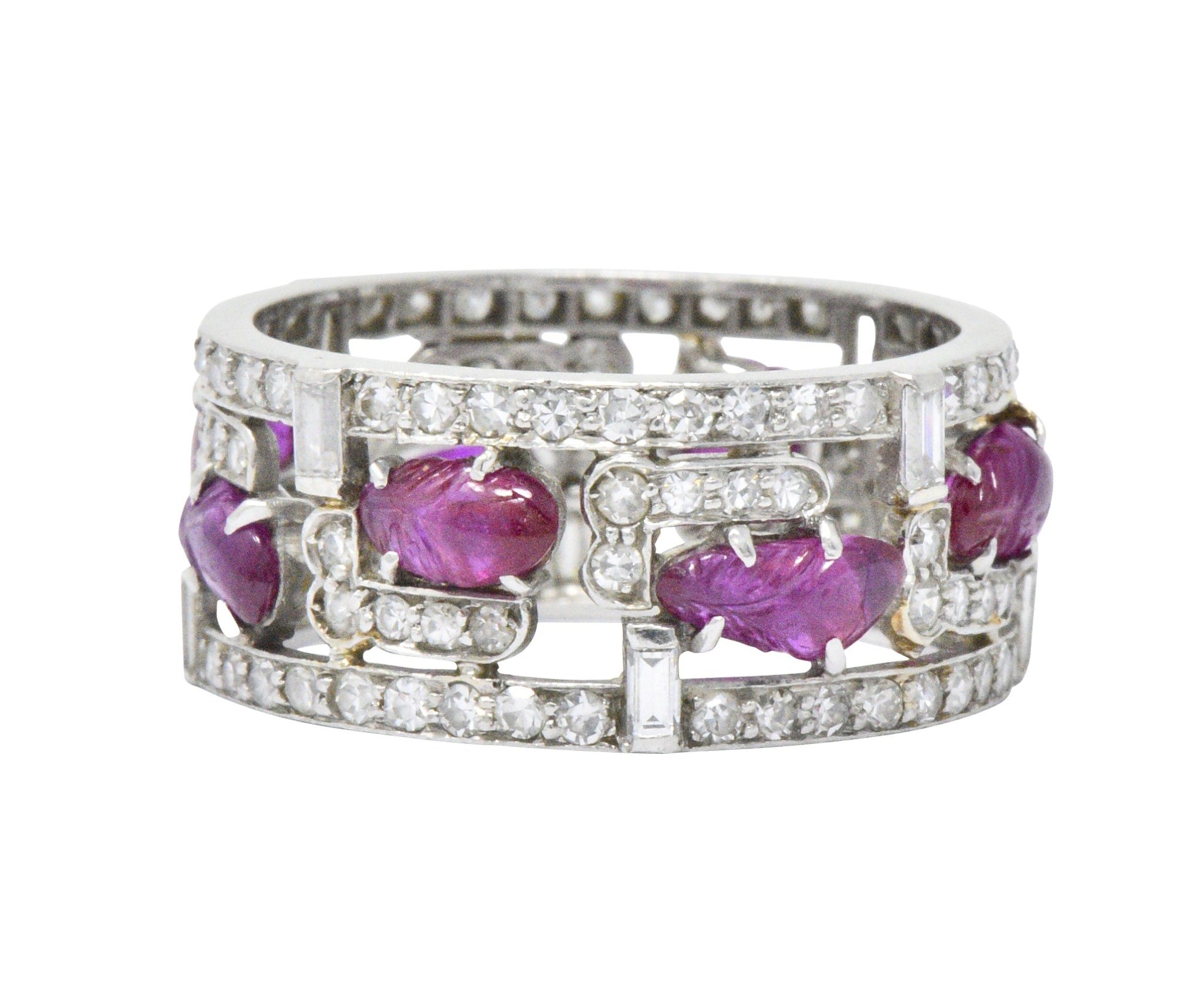 Bold Art Deco 2.50 CTW Diamond Carved Burmese Ruby Platinum Band Ring Wilson's Estate Jewelry