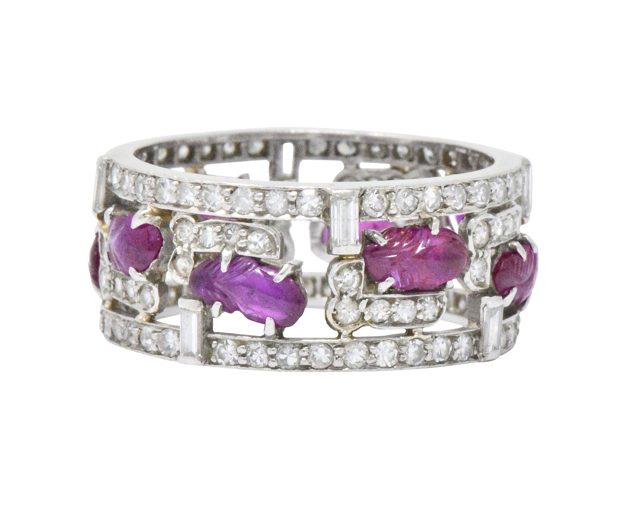 Bold Art Deco 2.50 CTW Diamond Carved Burmese Ruby Platinum Band Ring Wilson's Estate Jewelry