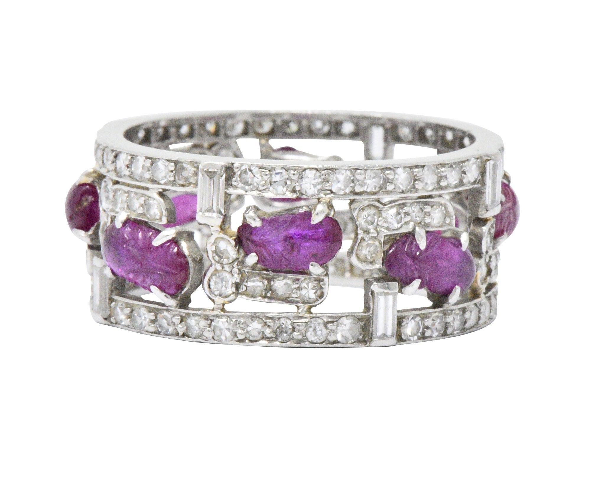 Bold Art Deco 2.50 CTW Diamond Carved Burmese Ruby Platinum Band Ring Wilson's Estate Jewelry