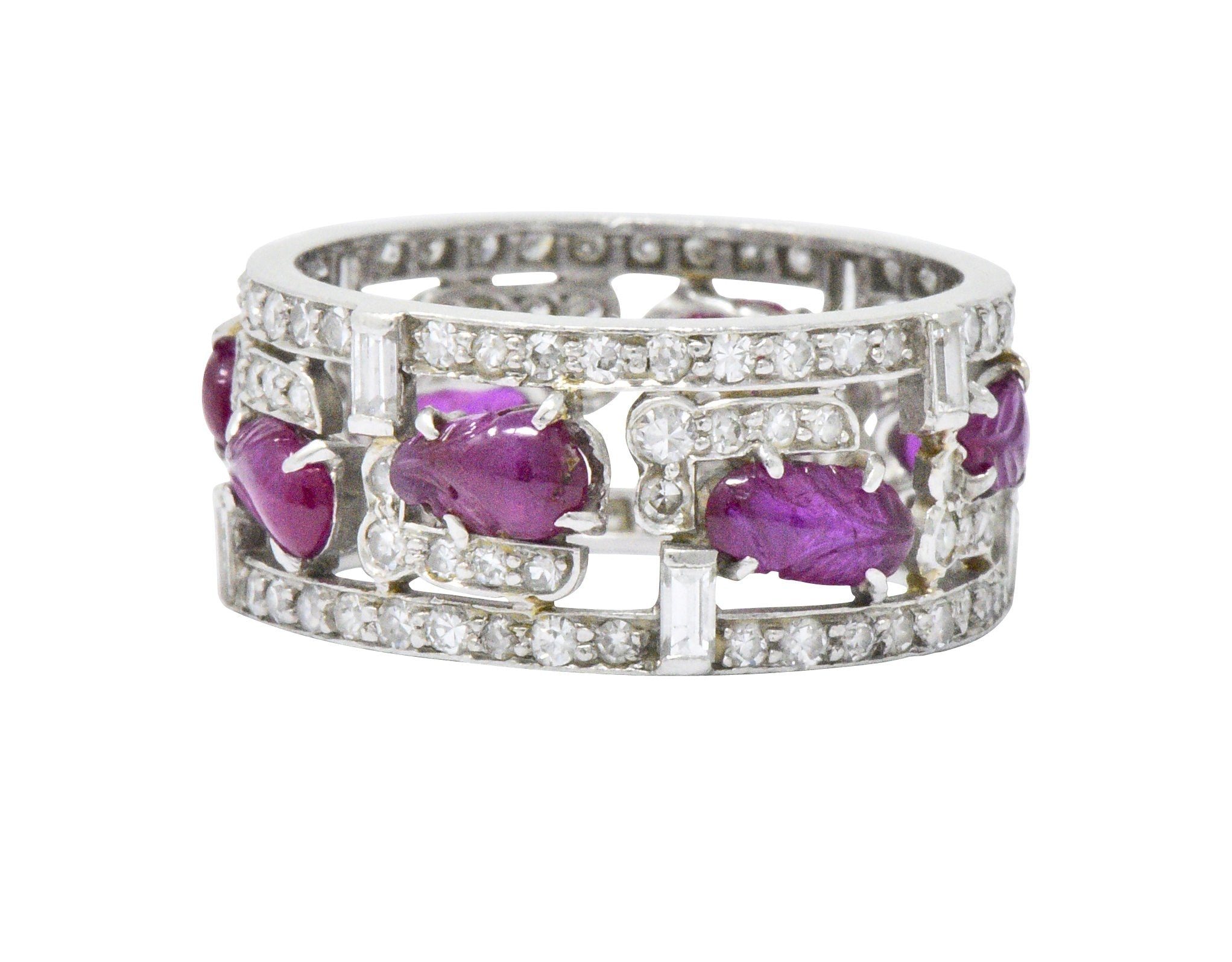 Bold Art Deco 2.50 CTW Diamond Carved Burmese Ruby Platinum Band Ring Wilson's Estate Jewelry