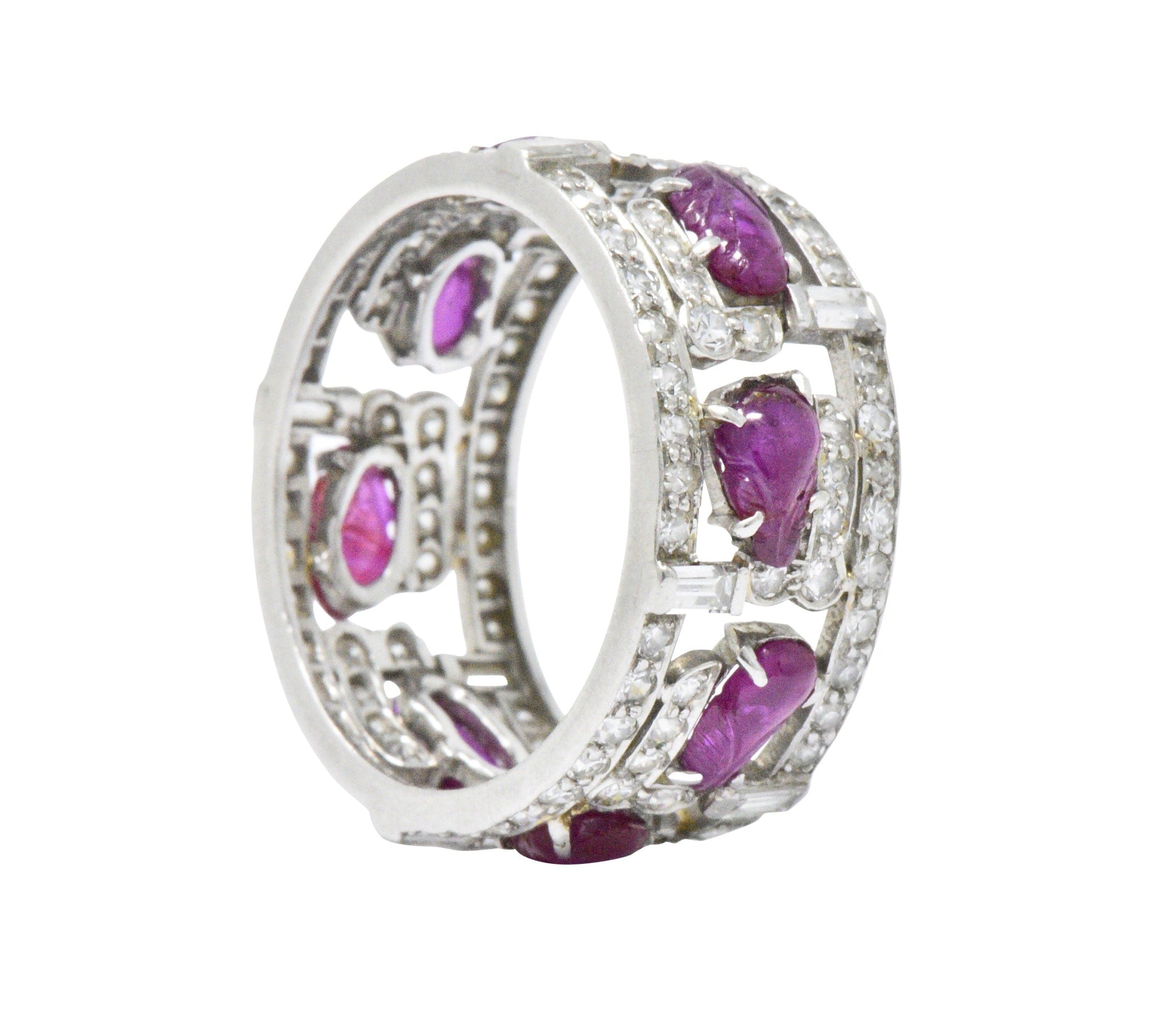 Bold Art Deco 2.50 CTW Diamond Carved Burmese Ruby Platinum Band Ring Wilson's Estate Jewelry