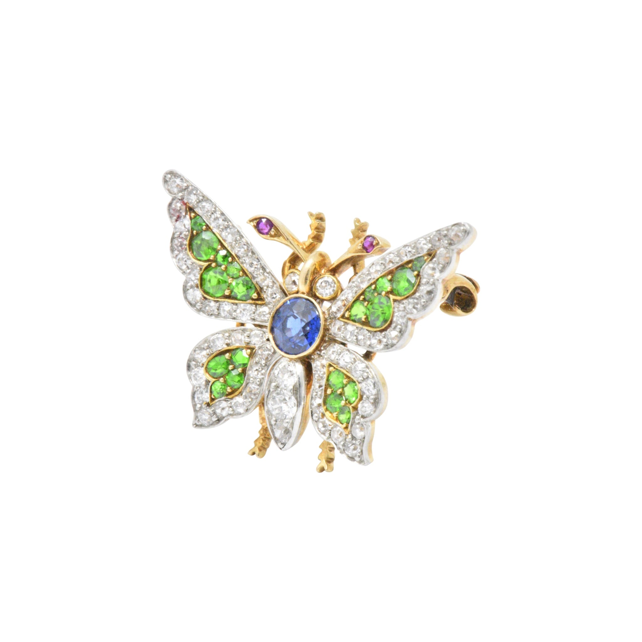 Breathtaking Belle Epoque Sapphire, Demantoid, Ruby, Diamond & Platinum-Topped 18K Gold Butterfly Brooch Wilson's Estate Jewelry