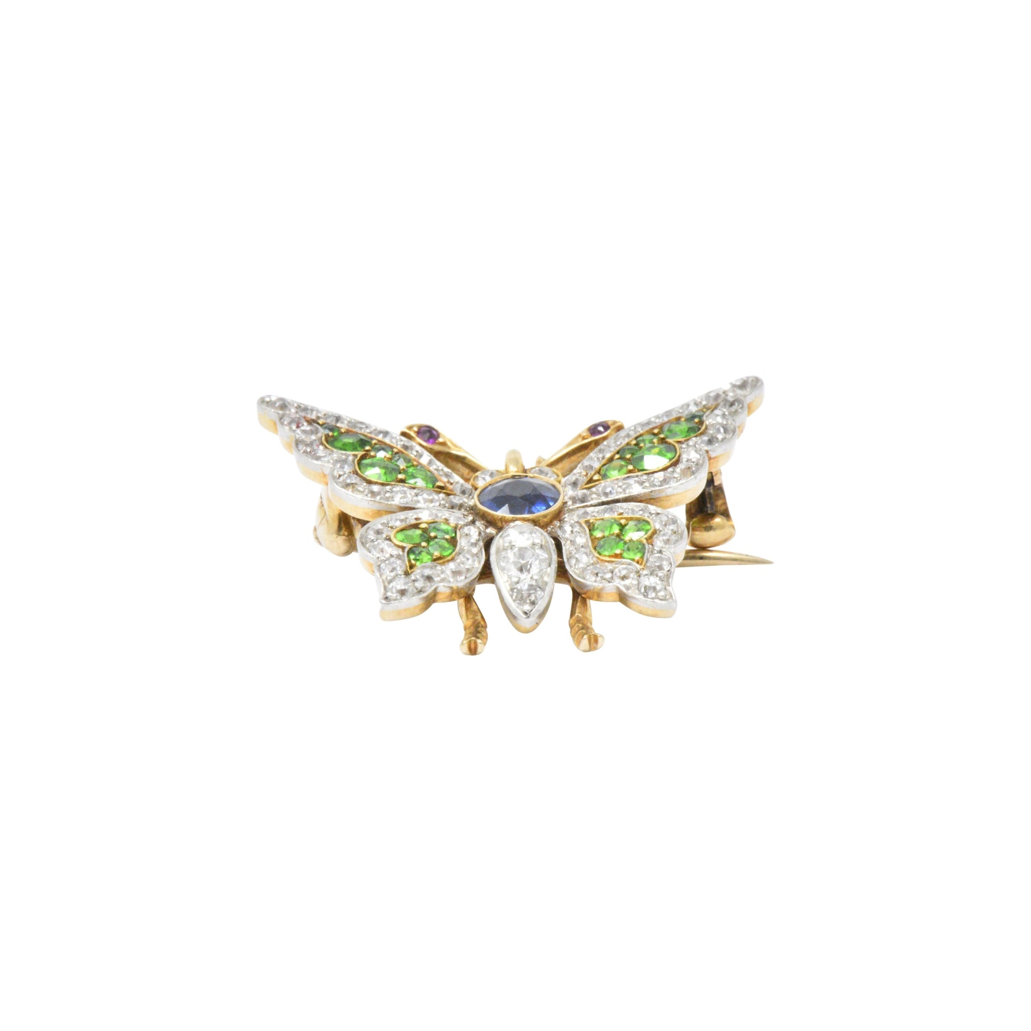 Breathtaking Belle Epoque Sapphire, Demantoid, Ruby, Diamond & Platinum-Topped 18K Gold Butterfly Brooch Wilson's Estate Jewelry