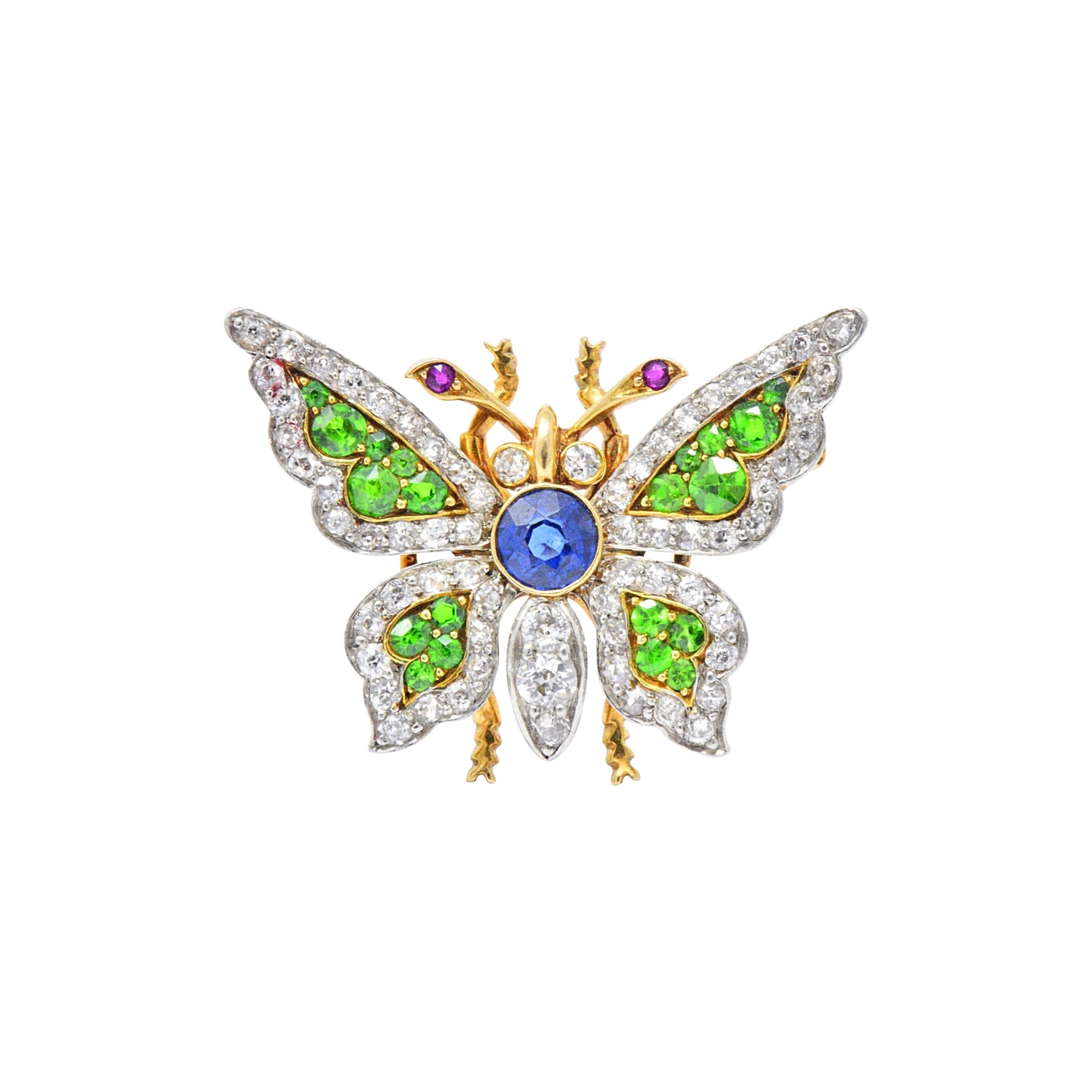 Breathtaking Belle Epoque Sapphire, Demantoid, Ruby, Diamond & Platinum-Topped 18K Gold Butterfly Brooch Wilson's Estate Jewelry