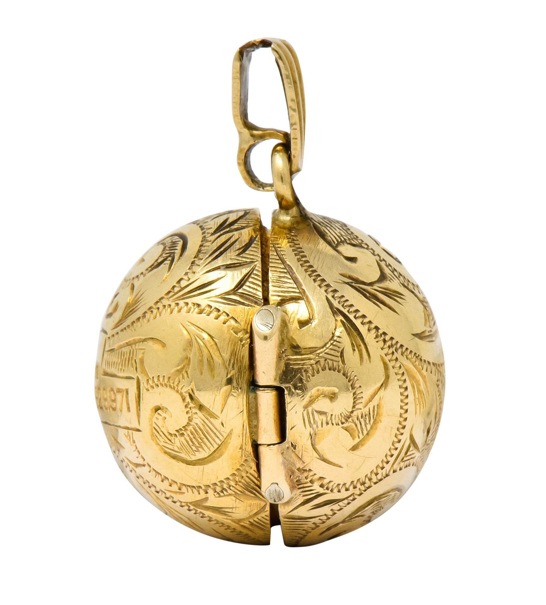 British 9 Karat Yellow Gold Engraved Ball Locket Pendant - Wilson's Estate Jewelry