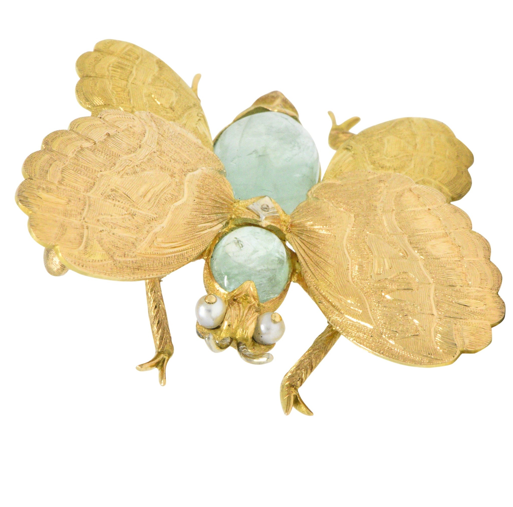 Buccellati 1960's 4.00 CTW Emerald Seed Pearl 18 Karat Gold Butterfly Brooch Wilson's Estate Jewelry