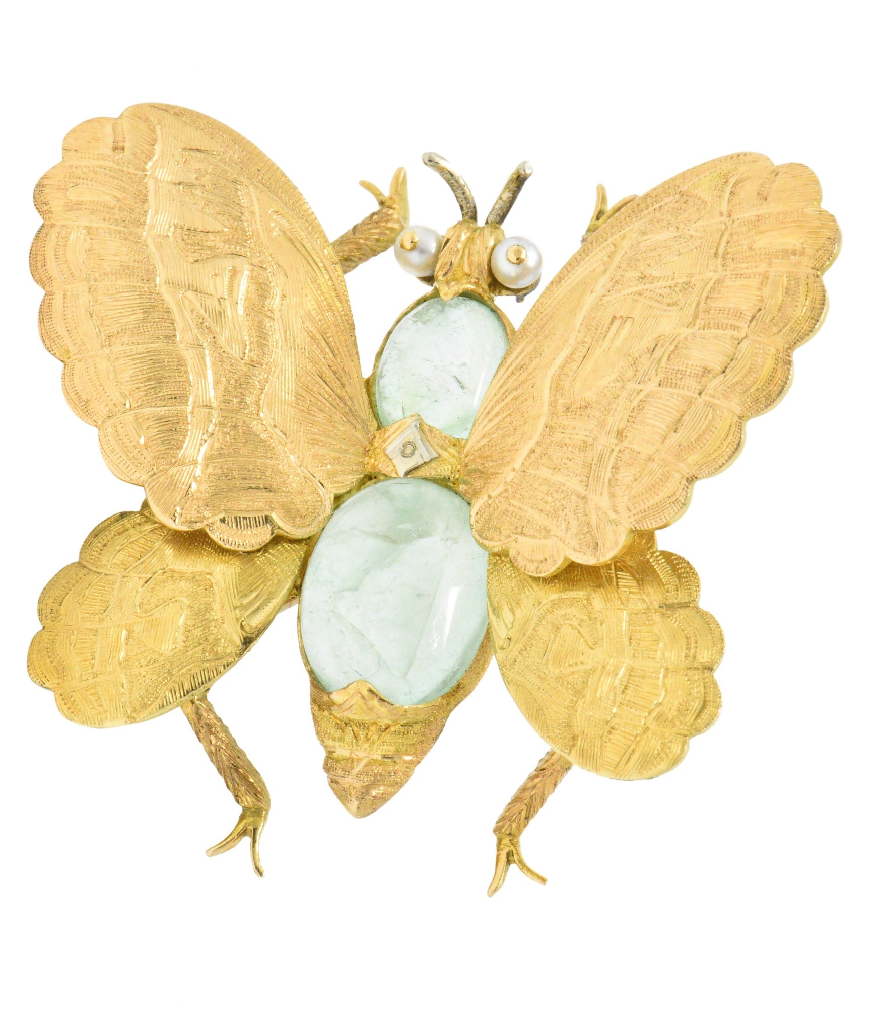 Buccellati 1960's 4.00 CTW Emerald Seed Pearl 18 Karat Gold Butterfly Brooch Wilson's Estate Jewelry