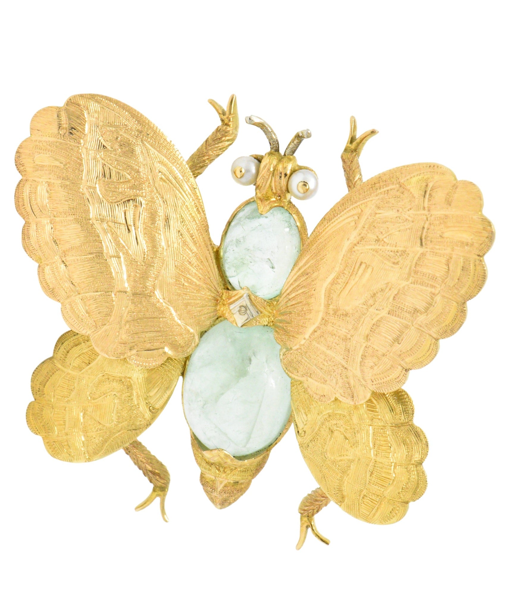 Buccellati 1960's 4.00 CTW Emerald Seed Pearl 18 Karat Gold Butterfly Brooch Wilson's Estate Jewelry