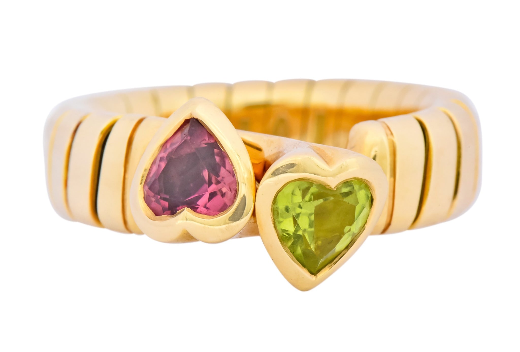 Bulgari 1.50 CTW Pink Tourmaline Peridot 18 Karat Yellow Gold Tubogas Heart Ring - Wilson's Estate Jewelry