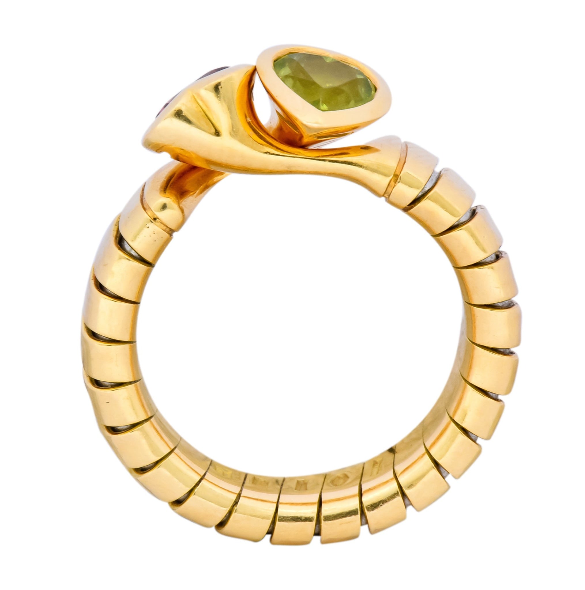 Bulgari 1.50 CTW Pink Tourmaline Peridot 18 Karat Yellow Gold Tubogas Heart Ring - Wilson's Estate Jewelry