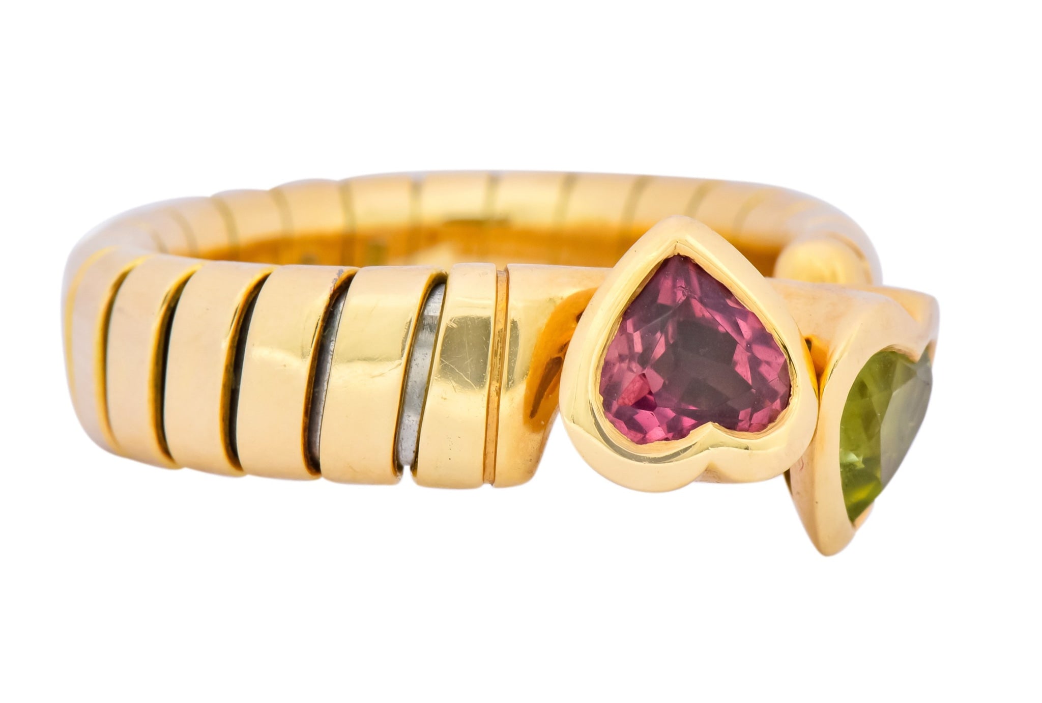 Bulgari 1.50 CTW Pink Tourmaline Peridot 18 Karat Yellow Gold Tubogas Heart Ring - Wilson's Estate Jewelry