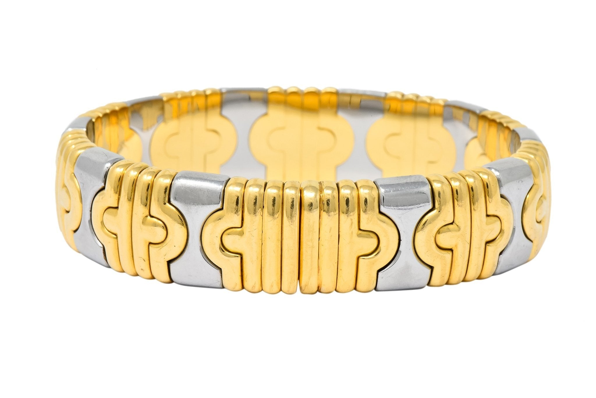 Bulgari 18 Karat Gold Stainless Steel Parentesi Bangle Bracelet - Wilson's Estate Jewelry