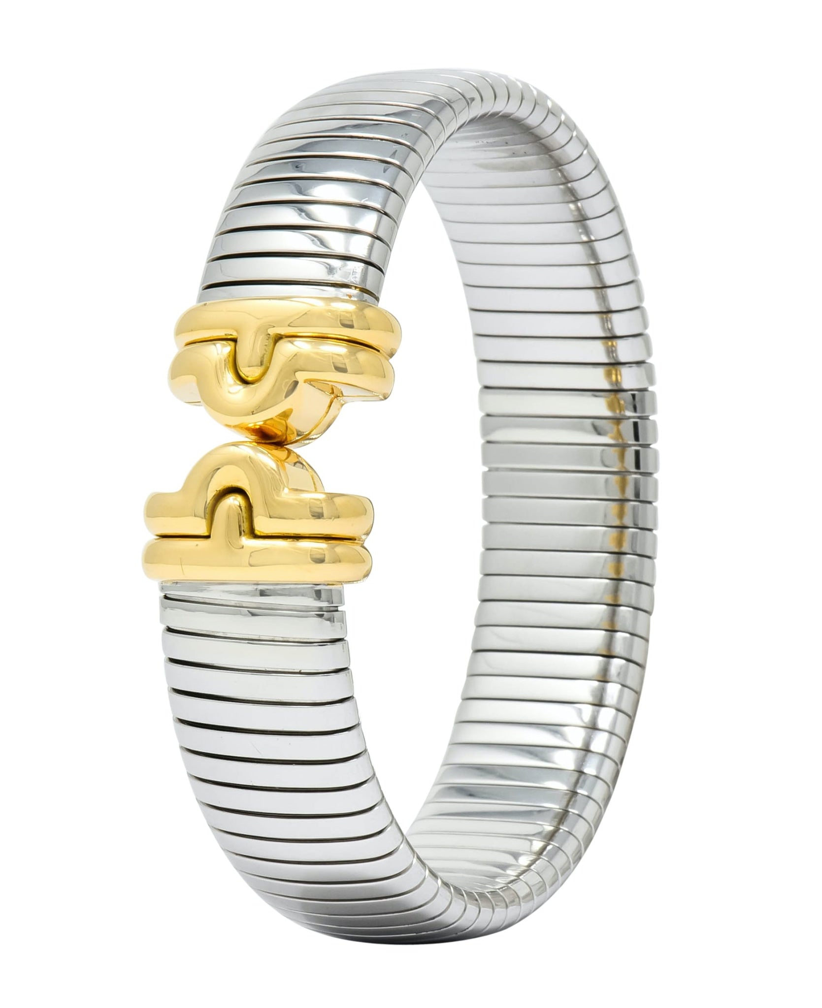 Bulgari 18 Karat Gold Steel Parentesi Tubogas Cuff Bracelet - Wilson's Estate Jewelry