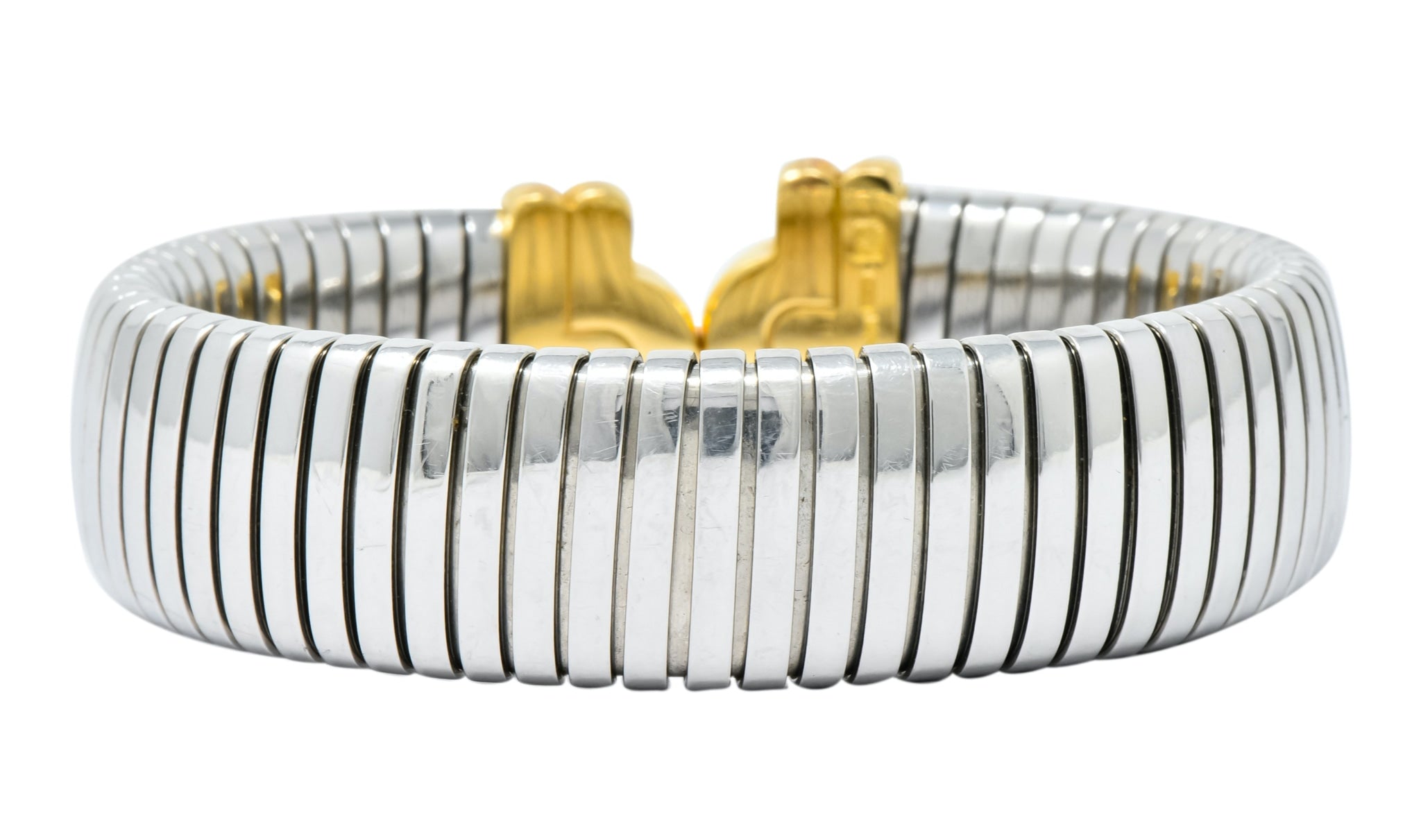 Bulgari 18 Karat Gold Steel Parentesi Tubogas Cuff Bracelet - Wilson's Estate Jewelry