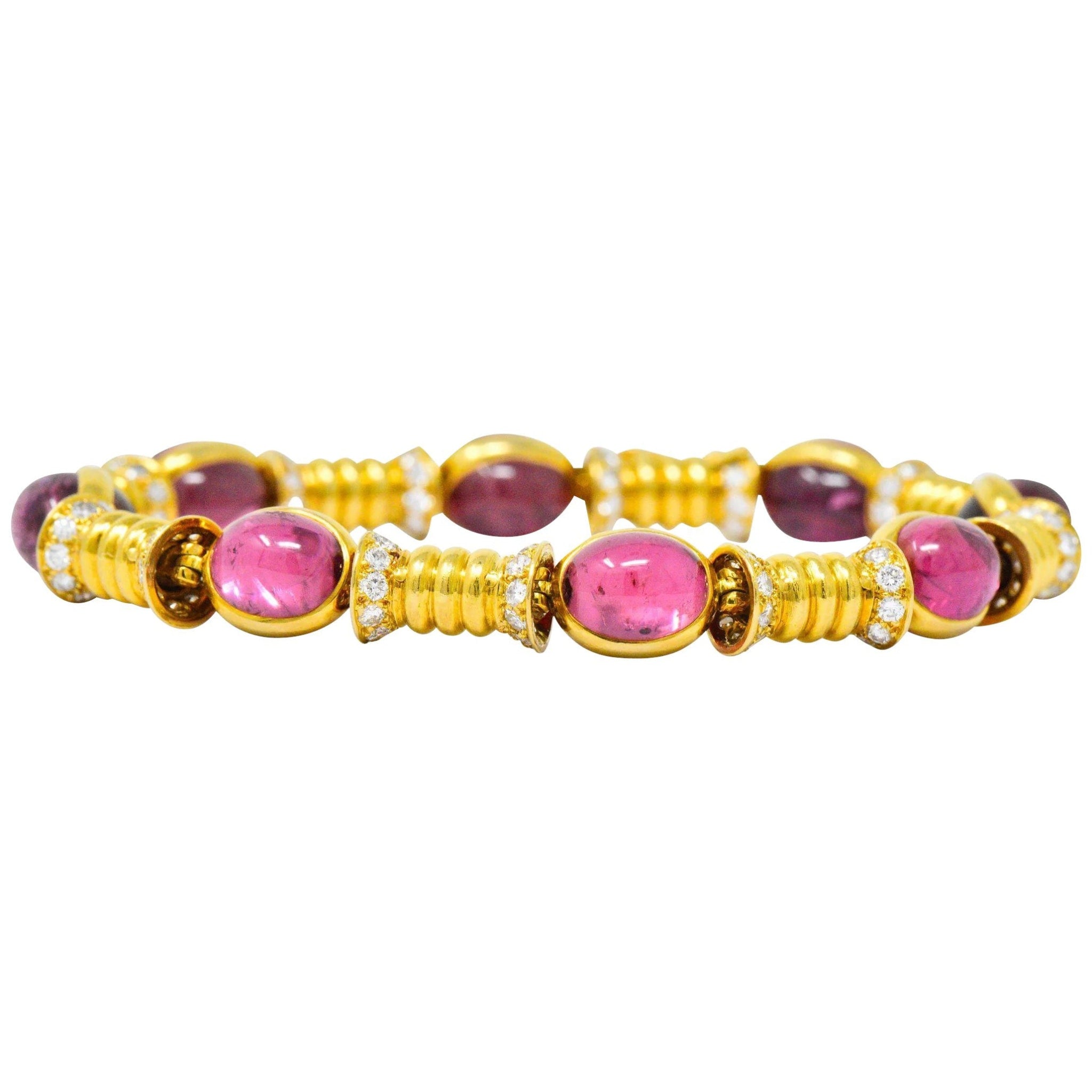 Bulgari 1970's 3.40 CTW Diamond Pink Tourmaline 18 Karat Gold Bracelet Wilson's Estate Jewelry