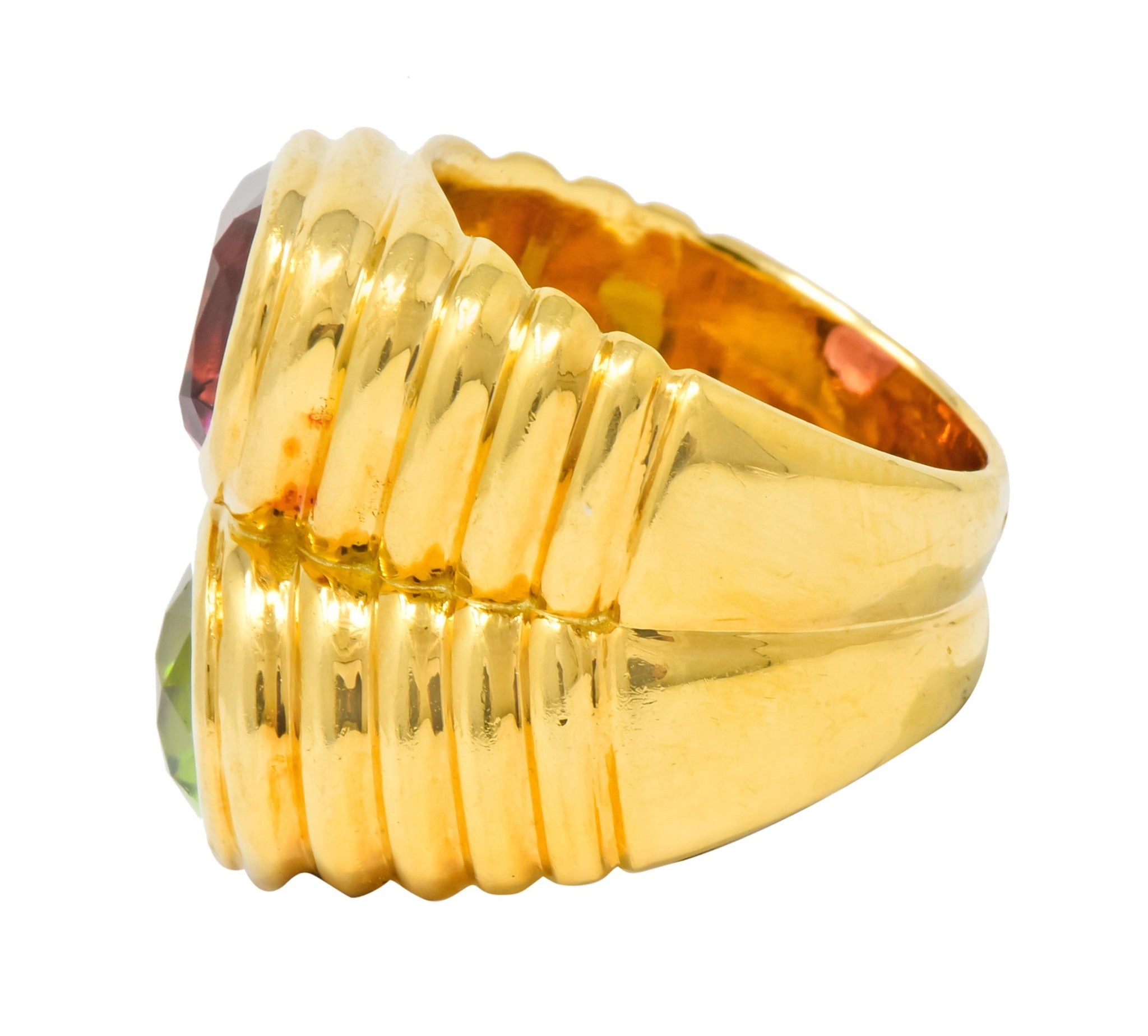 Bulgari 6.10 CTW Peridot Pink Tourmaline 18 Karat Gold Italian Doppio Band Ring - Wilson's Estate Jewelry