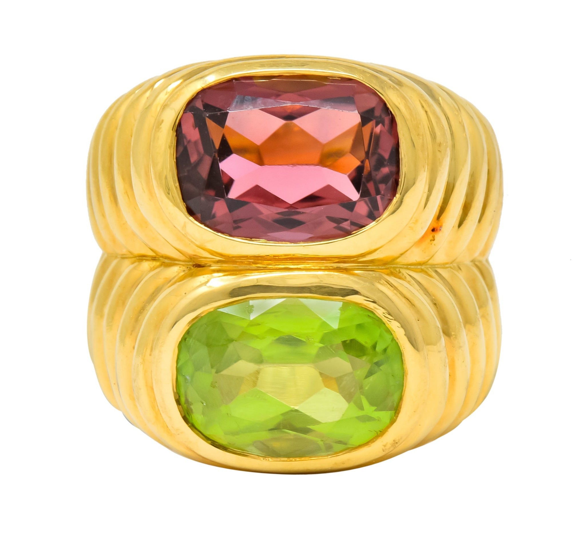 Bulgari 6.10 CTW Peridot Pink Tourmaline 18 Karat Gold Italian Doppio Band Ring - Wilson's Estate Jewelry