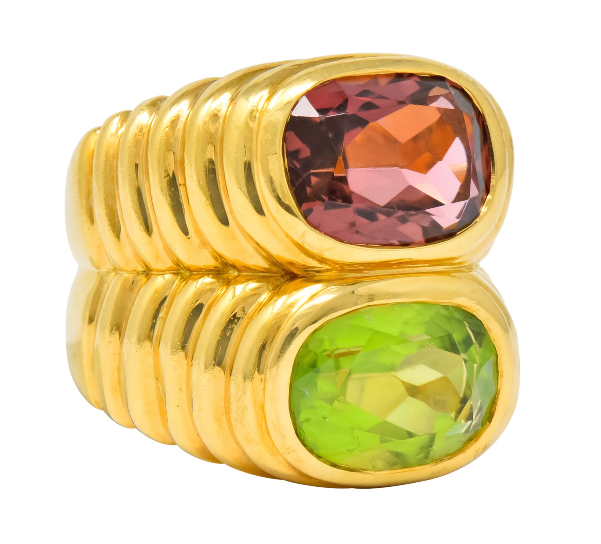 Bulgari 6.10 CTW Peridot Pink Tourmaline 18 Karat Gold Italian Doppio Band Ring - Wilson's Estate Jewelry