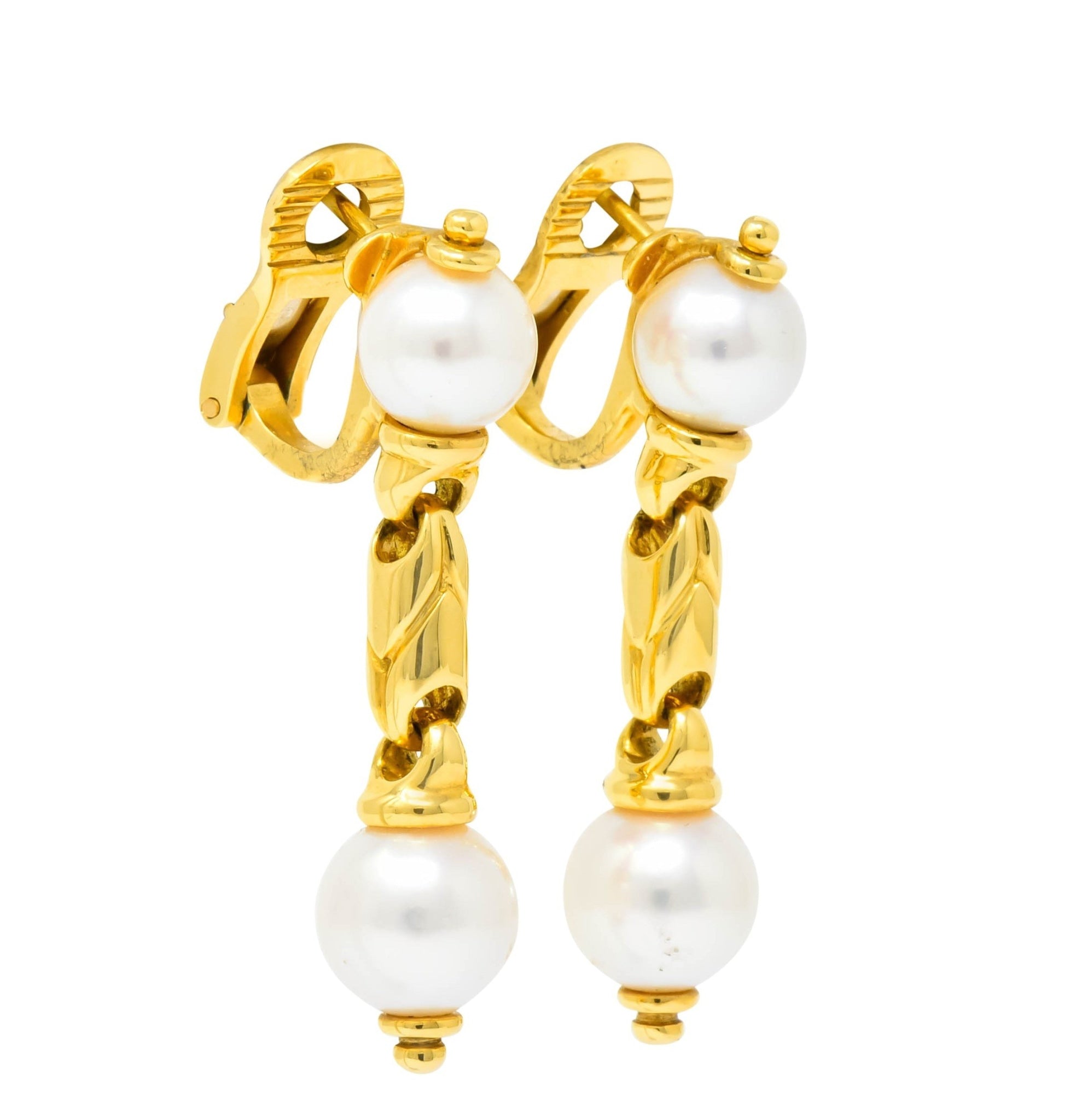 Bulgari Cultured Pearl 18 Karat Yellow Gold Drop Earrings Circa 1980 - Wilson's Estate Jewelry