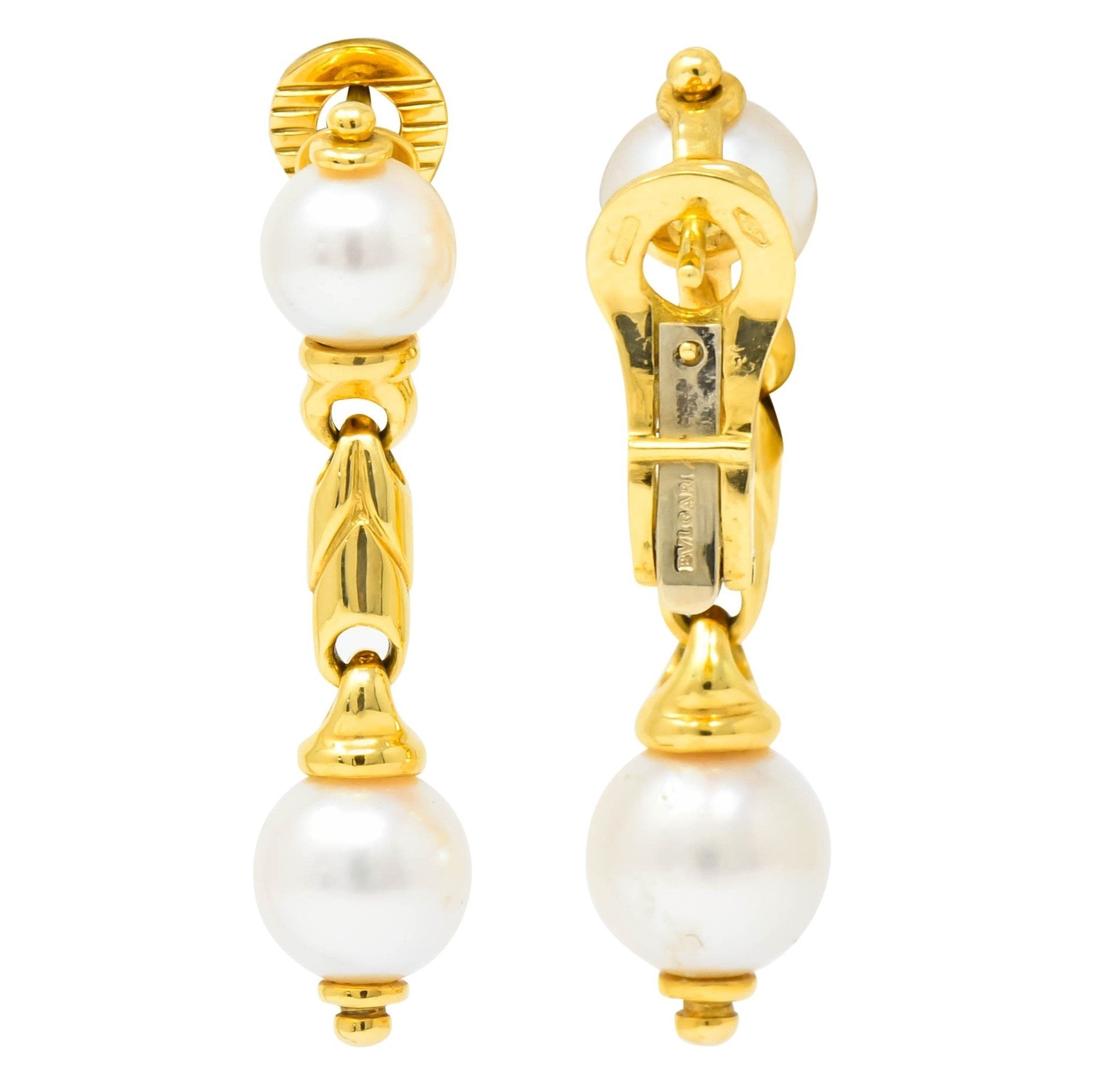 Bulgari Cultured Pearl 18 Karat Yellow Gold Drop Earrings Circa 1980 - Wilson's Estate Jewelry