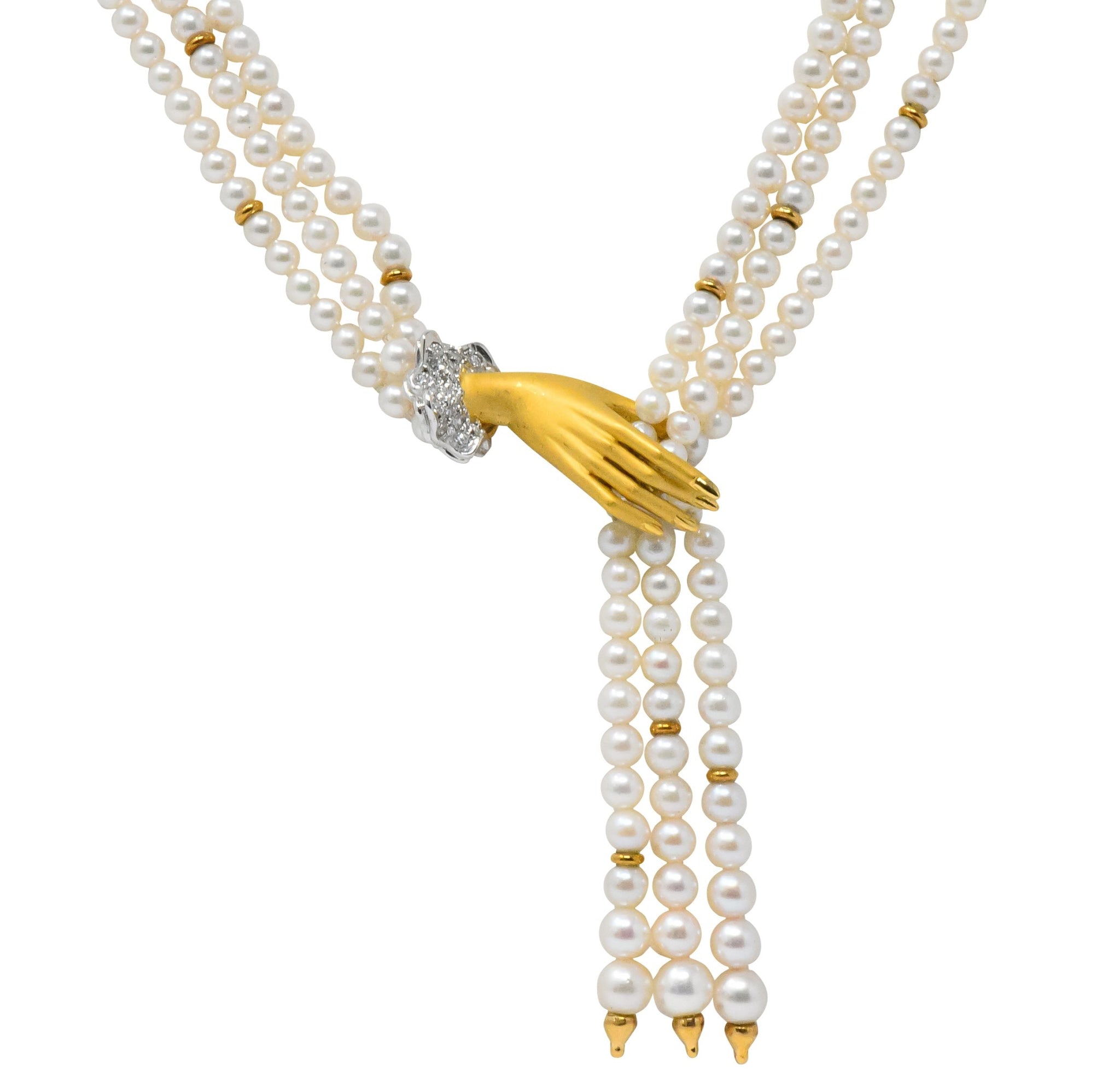 Carrera y Carrera 0.30 CTW Diamond Pearl 18 Karat Gold Las Manos Multi-Strand Necklace - Wilson's Estate Jewelry