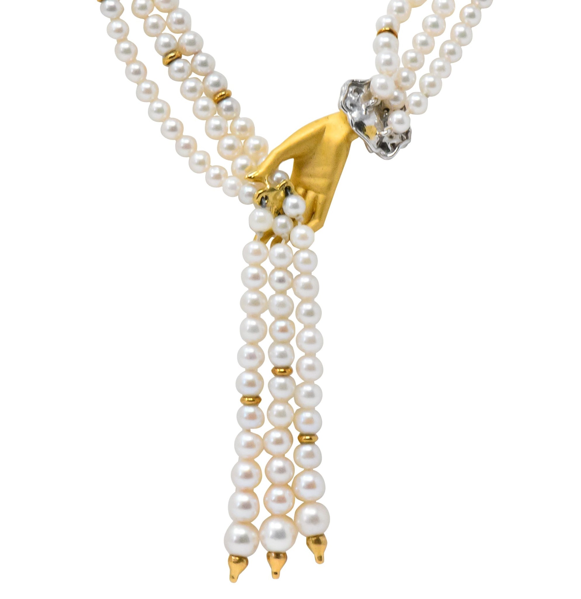 Carrera y Carrera 0.30 CTW Diamond Pearl 18 Karat Gold Las Manos Multi-Strand Necklace - Wilson's Estate Jewelry