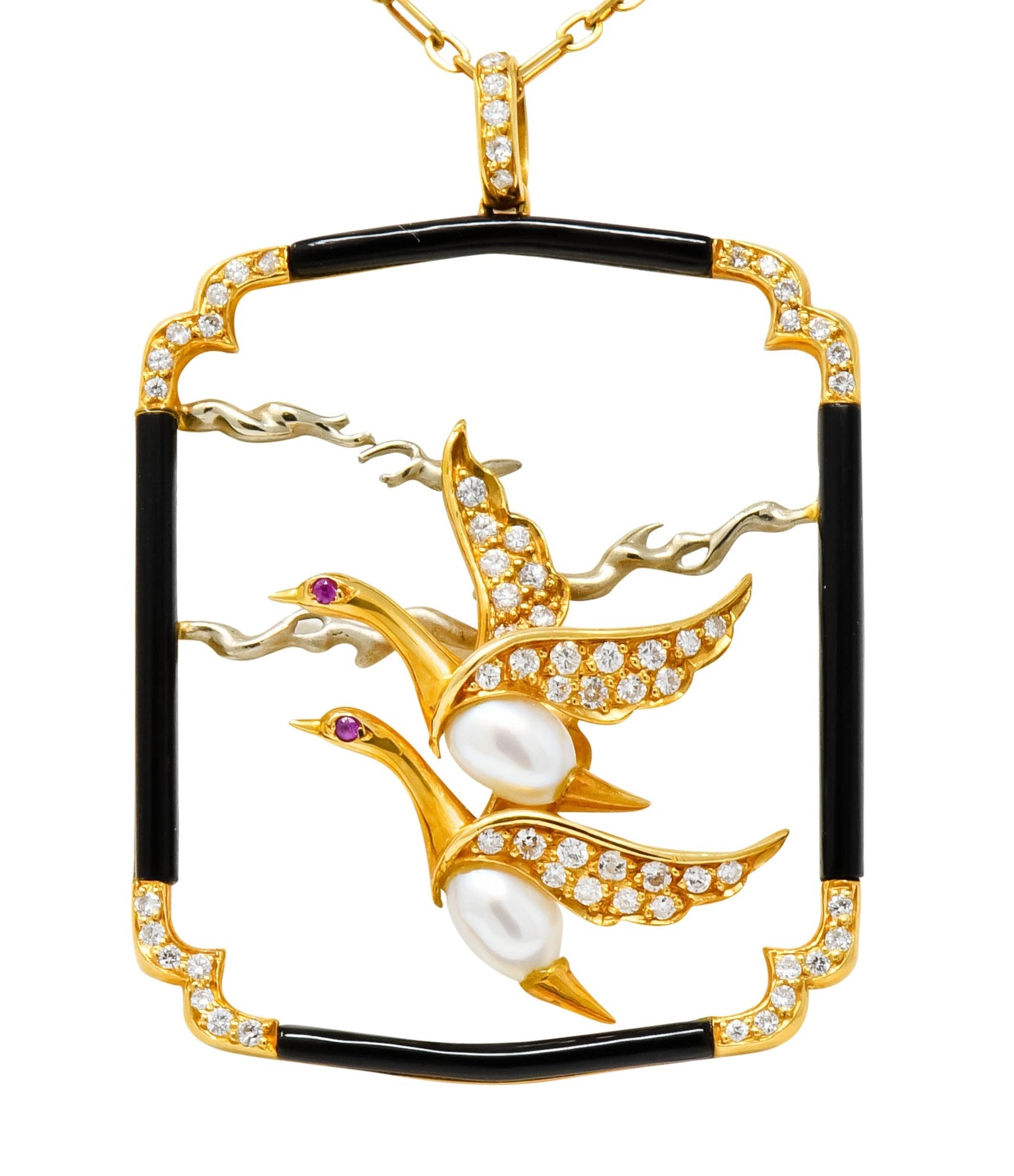 Carrera Y Carrera 1.00 CTW Diamond Onyx Pearl 18 Karat Two-Tone Gold Goose Pendant Necklace - Wilson's Estate Jewelry