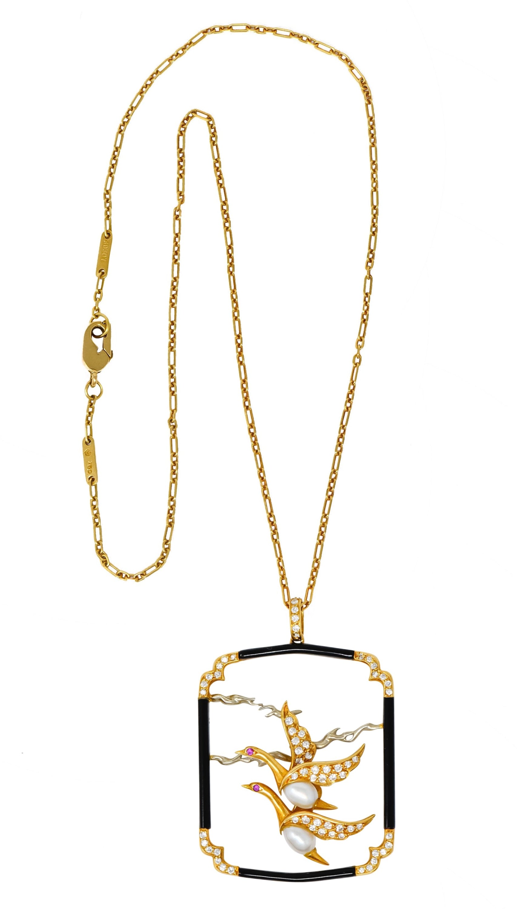 Carrera Y Carrera 1.00 CTW Diamond Onyx Pearl 18 Karat Two-Tone Gold Goose Pendant Necklace - Wilson's Estate Jewelry