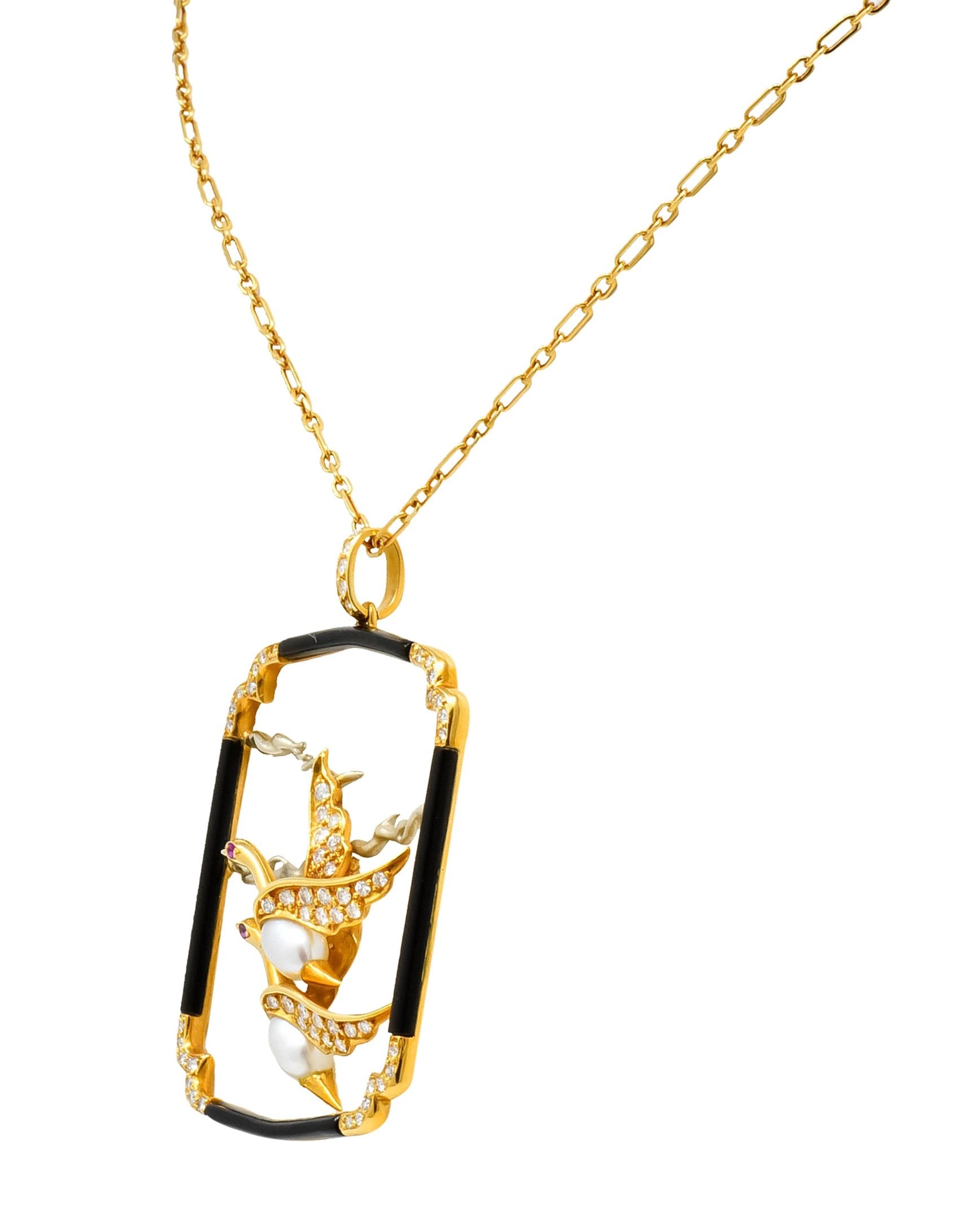 Carrera Y Carrera 1.00 CTW Diamond Onyx Pearl 18 Karat Two-Tone Gold Goose Pendant Necklace - Wilson's Estate Jewelry