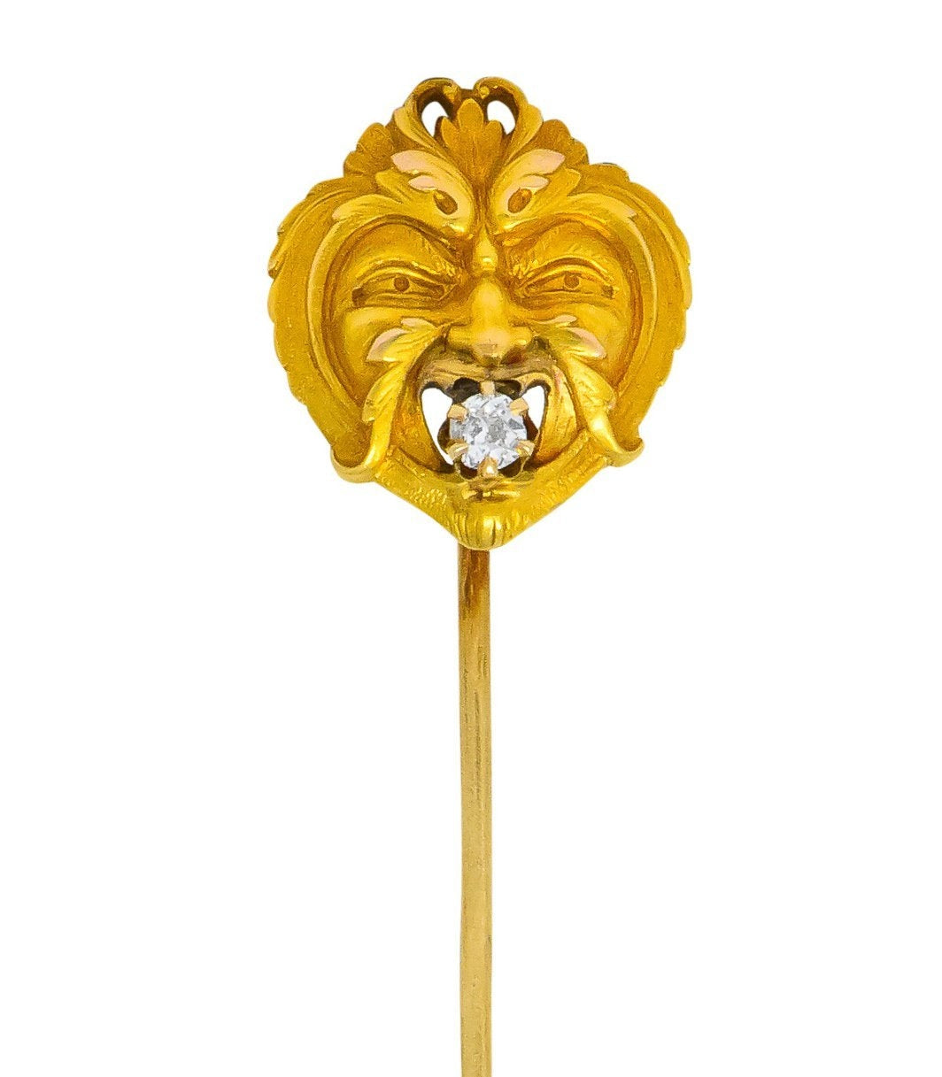 Carter Gough & Co. Art Nouveau 0.33 CTW Diamond 14 Karat Gold Green Man Foliate Stickpin - Wilson's Estate Jewelry