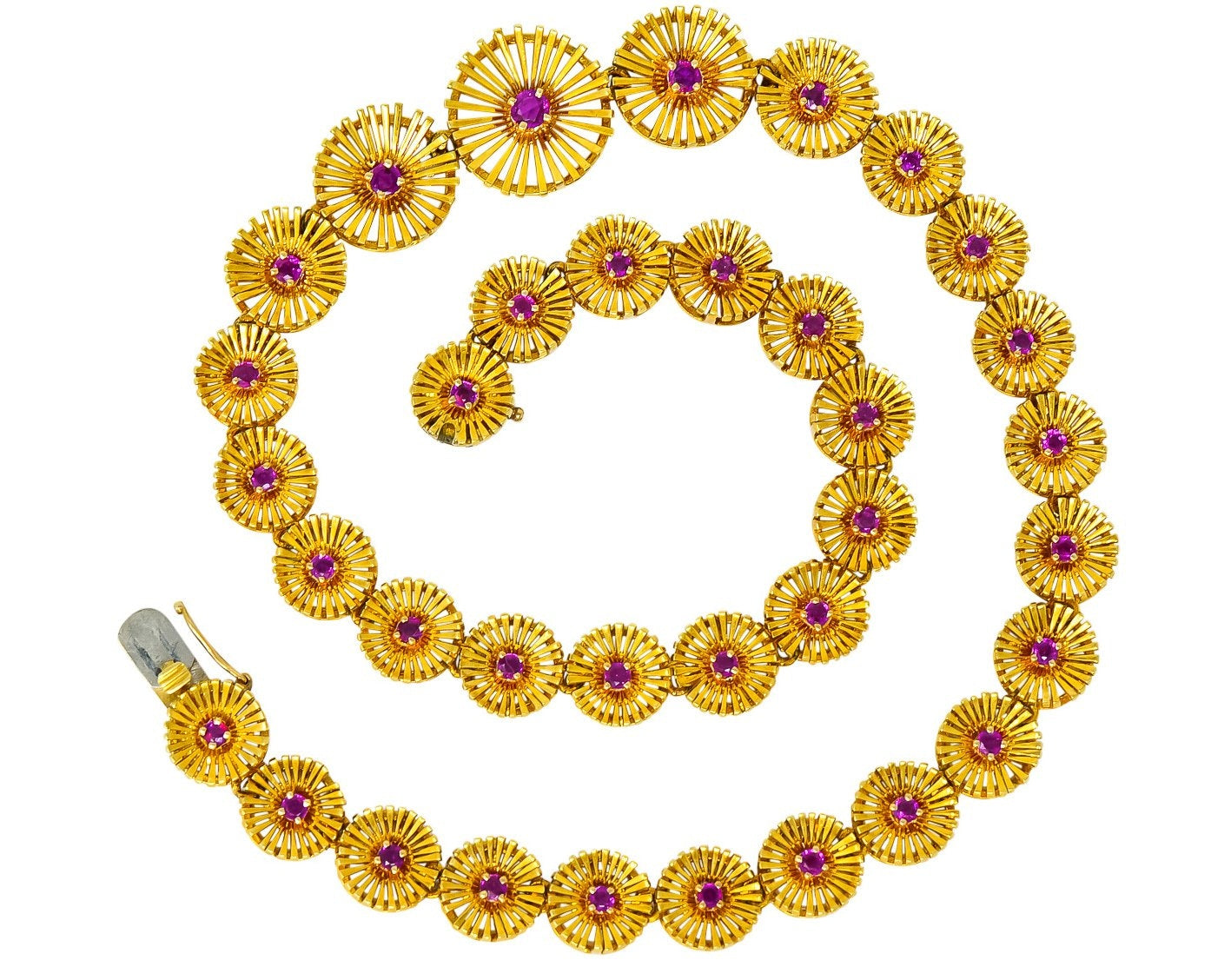 Cartier 1950's Retro Ruby 18 Karat Yellow Gold Flower Disc Collar Necklace - Wilson's Estate Jewelry