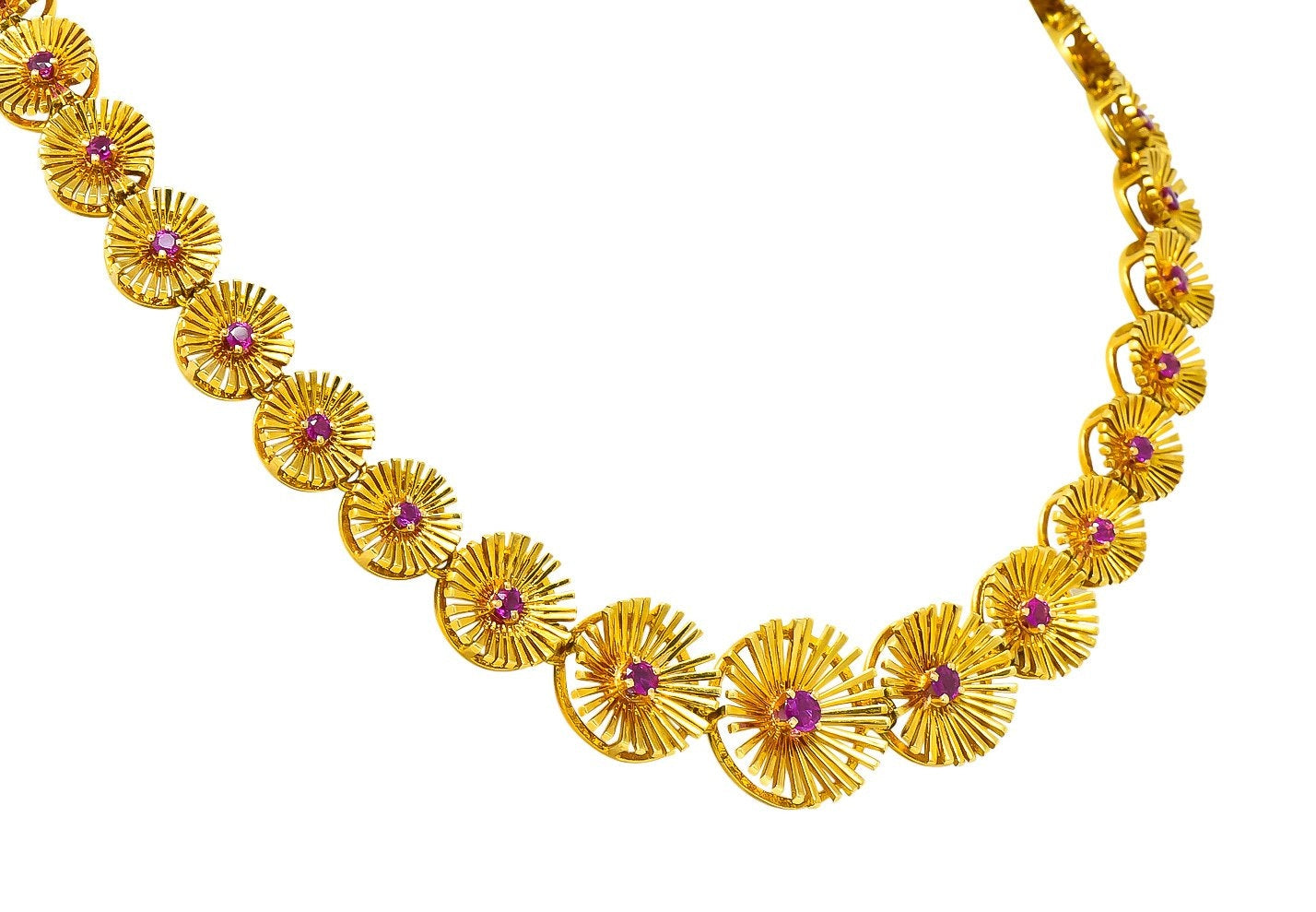 Cartier 1950's Retro Ruby 18 Karat Yellow Gold Flower Disc Collar Necklace - Wilson's Estate Jewelry