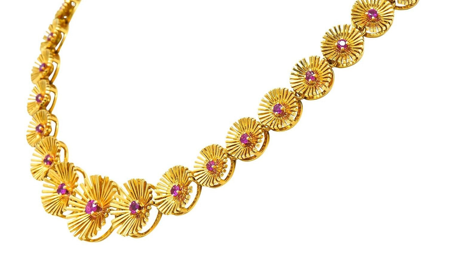 Cartier 1950's Retro Ruby 18 Karat Yellow Gold Flower Disc Collar Necklace - Wilson's Estate Jewelry