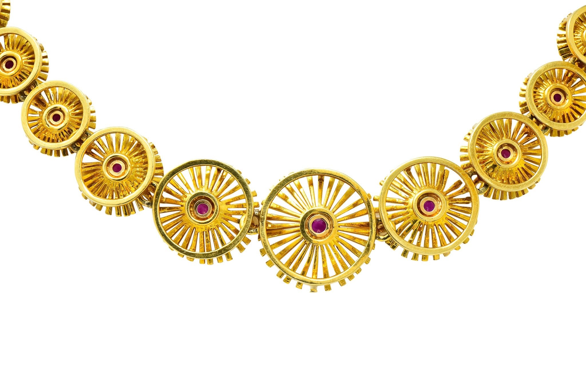 Cartier 1950's Retro Ruby 18 Karat Yellow Gold Flower Disc Collar Necklace - Wilson's Estate Jewelry