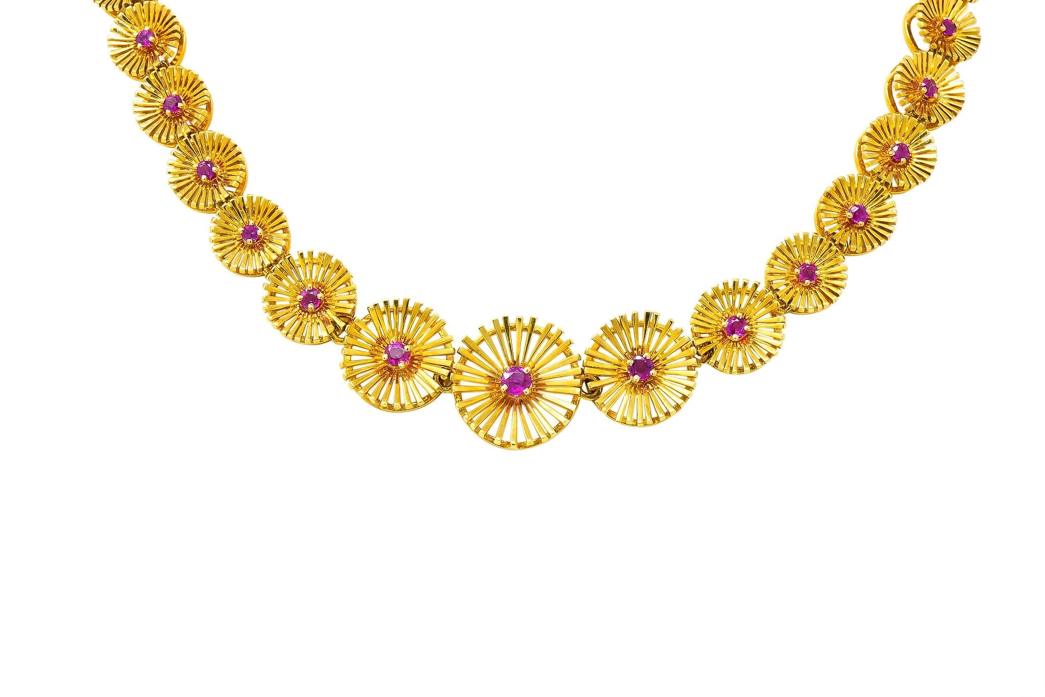 Cartier 1950's Retro Ruby 18 Karat Yellow Gold Flower Disc Collar Necklace - Wilson's Estate Jewelry