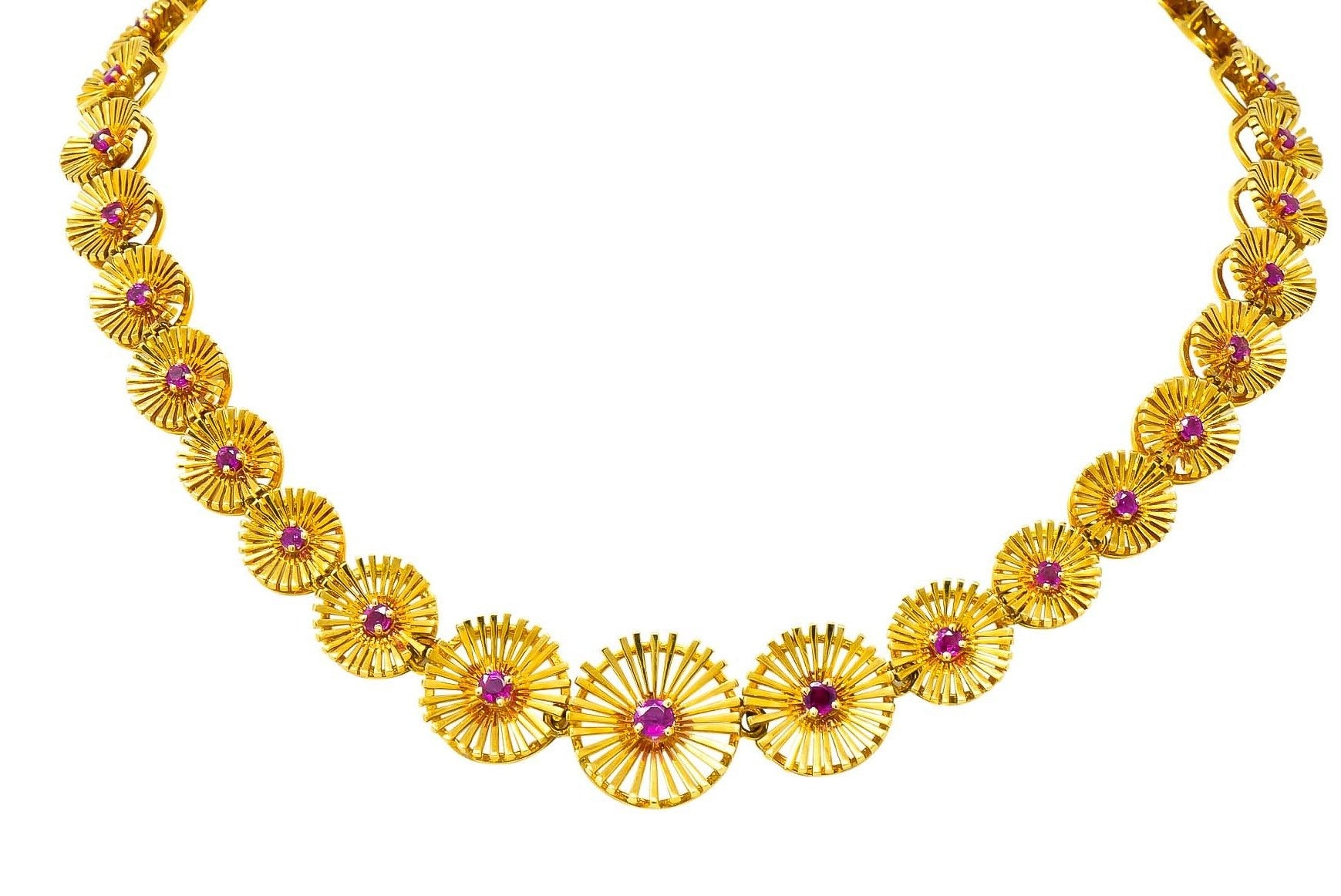 Cartier 1950's Retro Ruby 18 Karat Yellow Gold Flower Disc Collar Necklace - Wilson's Estate Jewelry