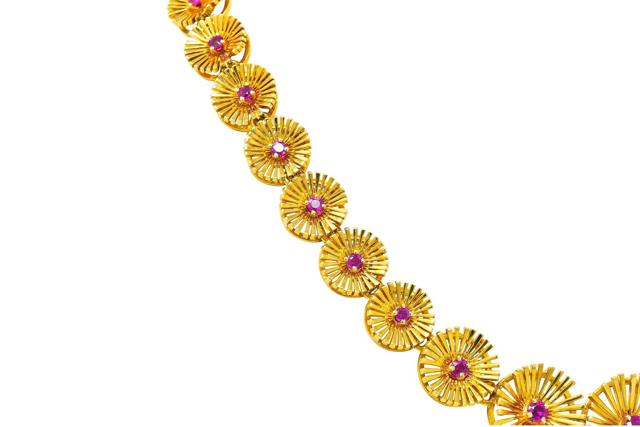 Cartier 1950's Retro Ruby 18 Karat Yellow Gold Flower Disc Collar Necklace - Wilson's Estate Jewelry