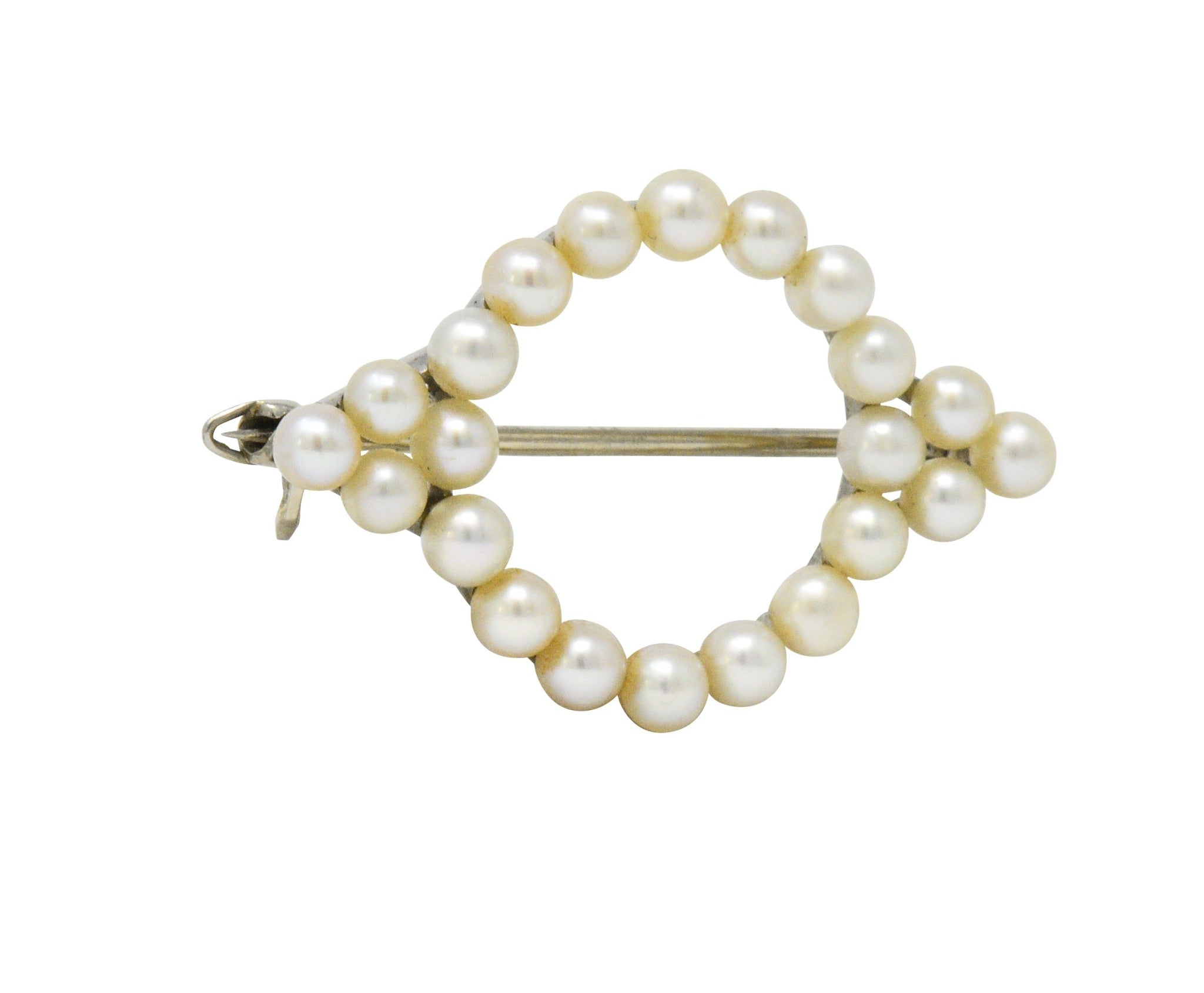 Cartier Mid Century Cultured Pearl Platinum 14 Karat Gold Pin Brooch Wilson's Estate Jewelry