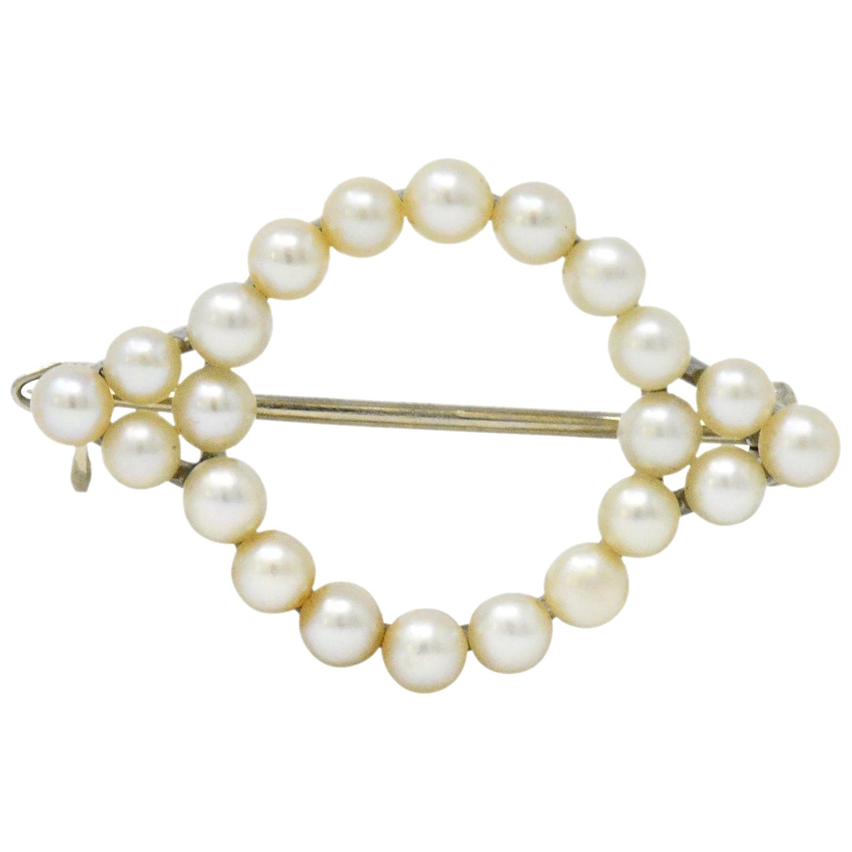 Cartier Mid Century Cultured Pearl Platinum 14 Karat Gold Pin Brooch Wilson's Estate Jewelry