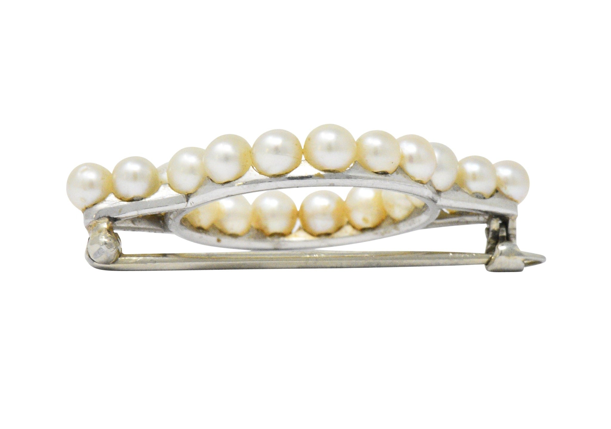 Cartier Mid Century Cultured Pearl Platinum 14 Karat Gold Pin Brooch Wilson's Estate Jewelry