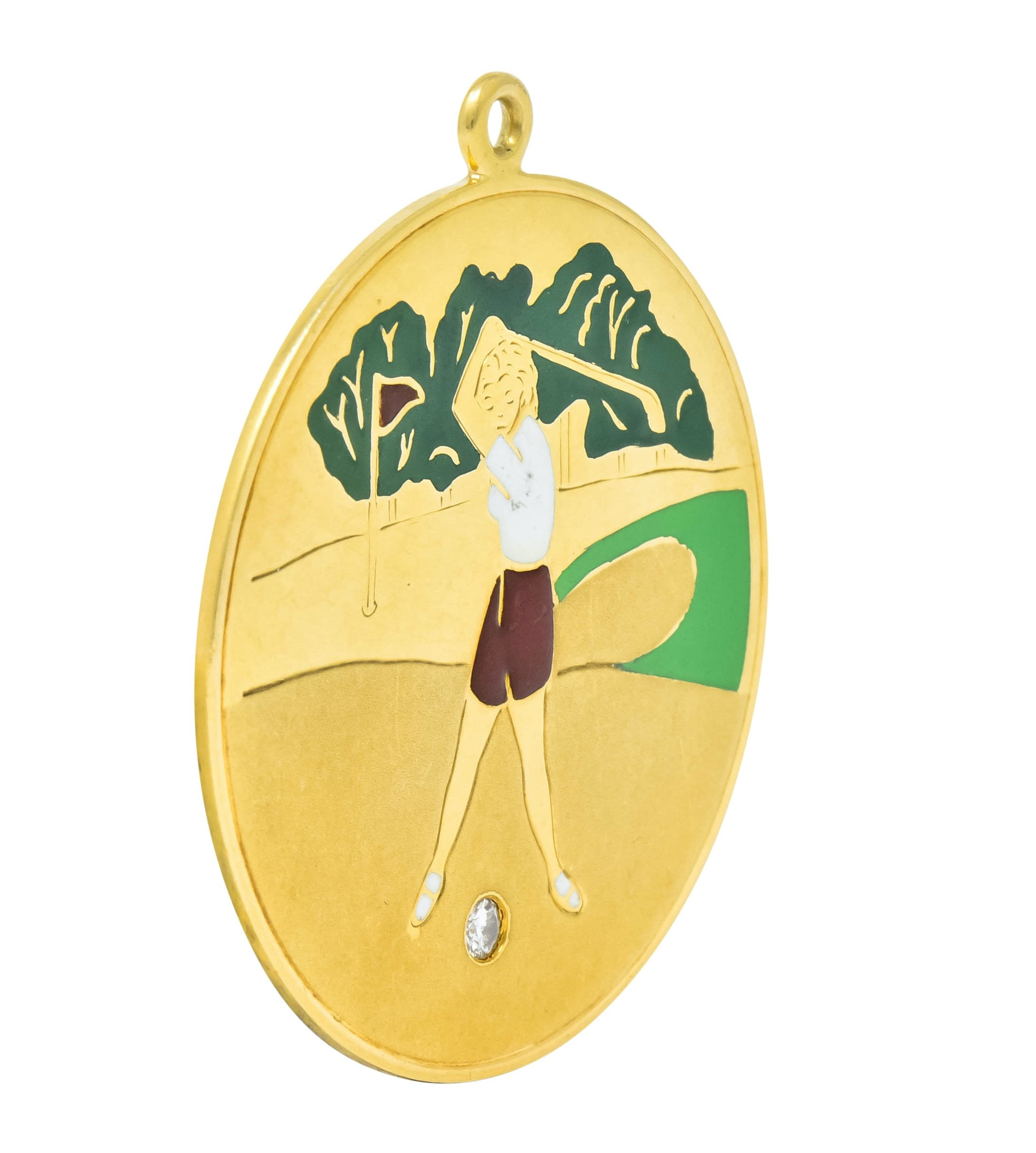 Cartier Mid-Century Diamond Enamel 14 Karat Gold Large Golfer Charm Pendant - Wilson's Estate Jewelry