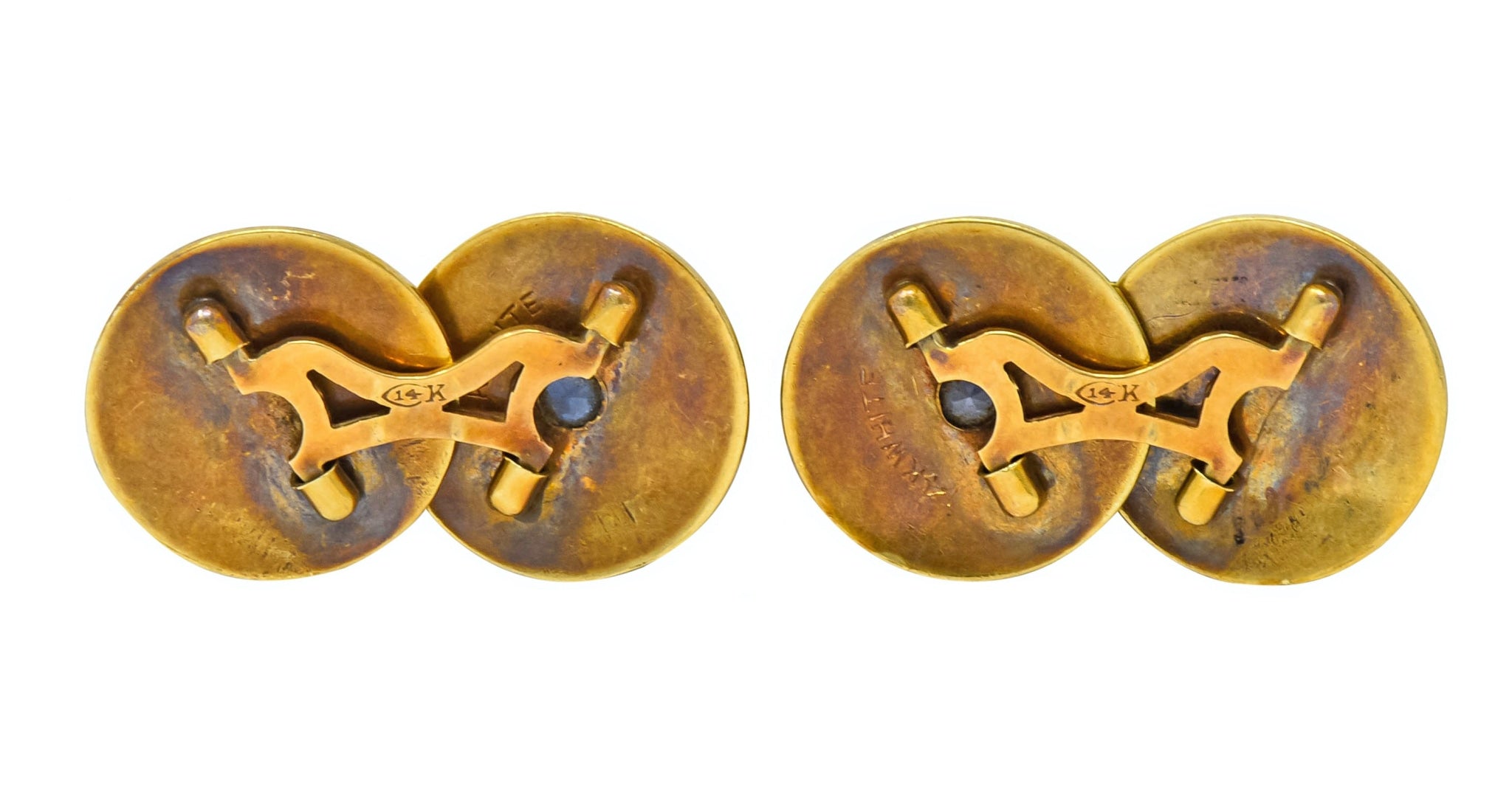 Chas. Keller Co. Sapphire 14 Karat Gold Men's Art Deco Disk Cufflinks - Wilson's Estate Jewelry