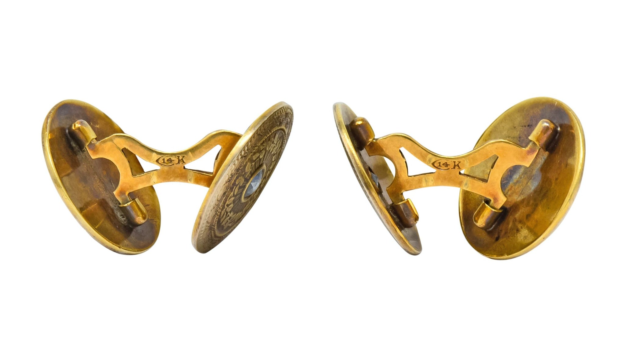 Chas. Keller Co. Sapphire 14 Karat Gold Men's Art Deco Disk Cufflinks - Wilson's Estate Jewelry