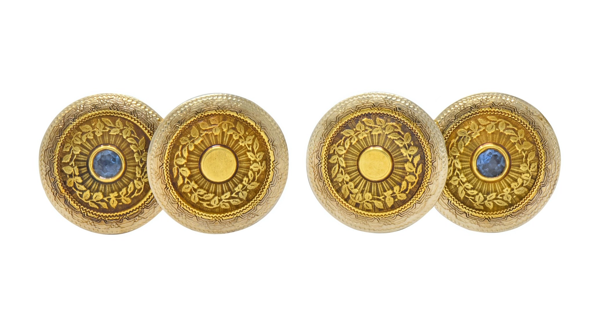 Chas. Keller Co. Sapphire 14 Karat Gold Men's Art Deco Disk Cufflinks - Wilson's Estate Jewelry