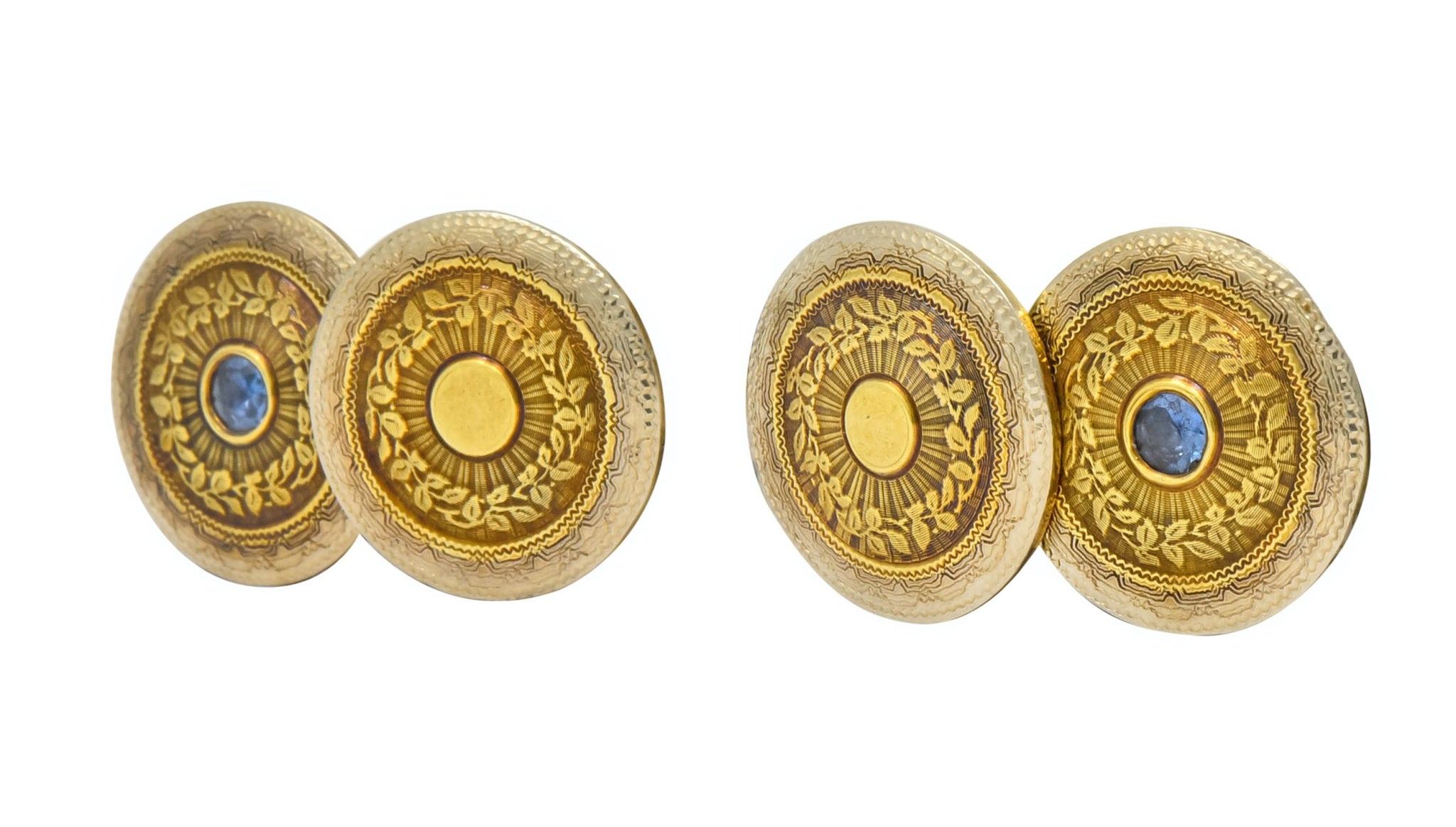 Chas. Keller Co. Sapphire 14 Karat Gold Men's Art Deco Disk Cufflinks - Wilson's Estate Jewelry